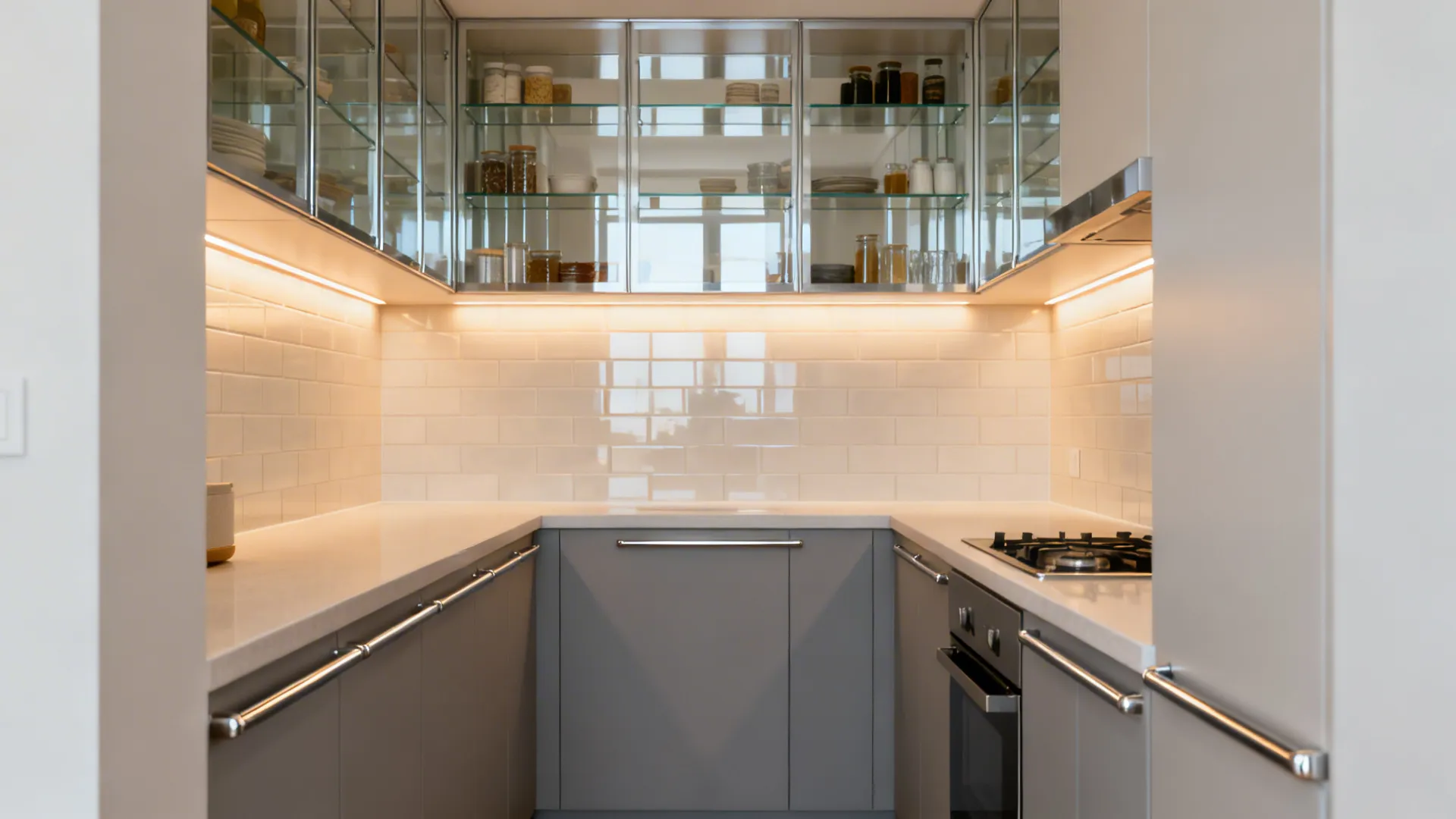 Small galley kitchen with clear glass uppers and a reflective backsplash enhancing depth.