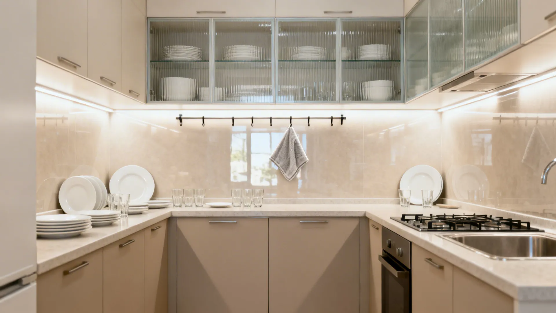 Narrow galley kitchen with reeded glass-front uppers and a glossy light backsplash.