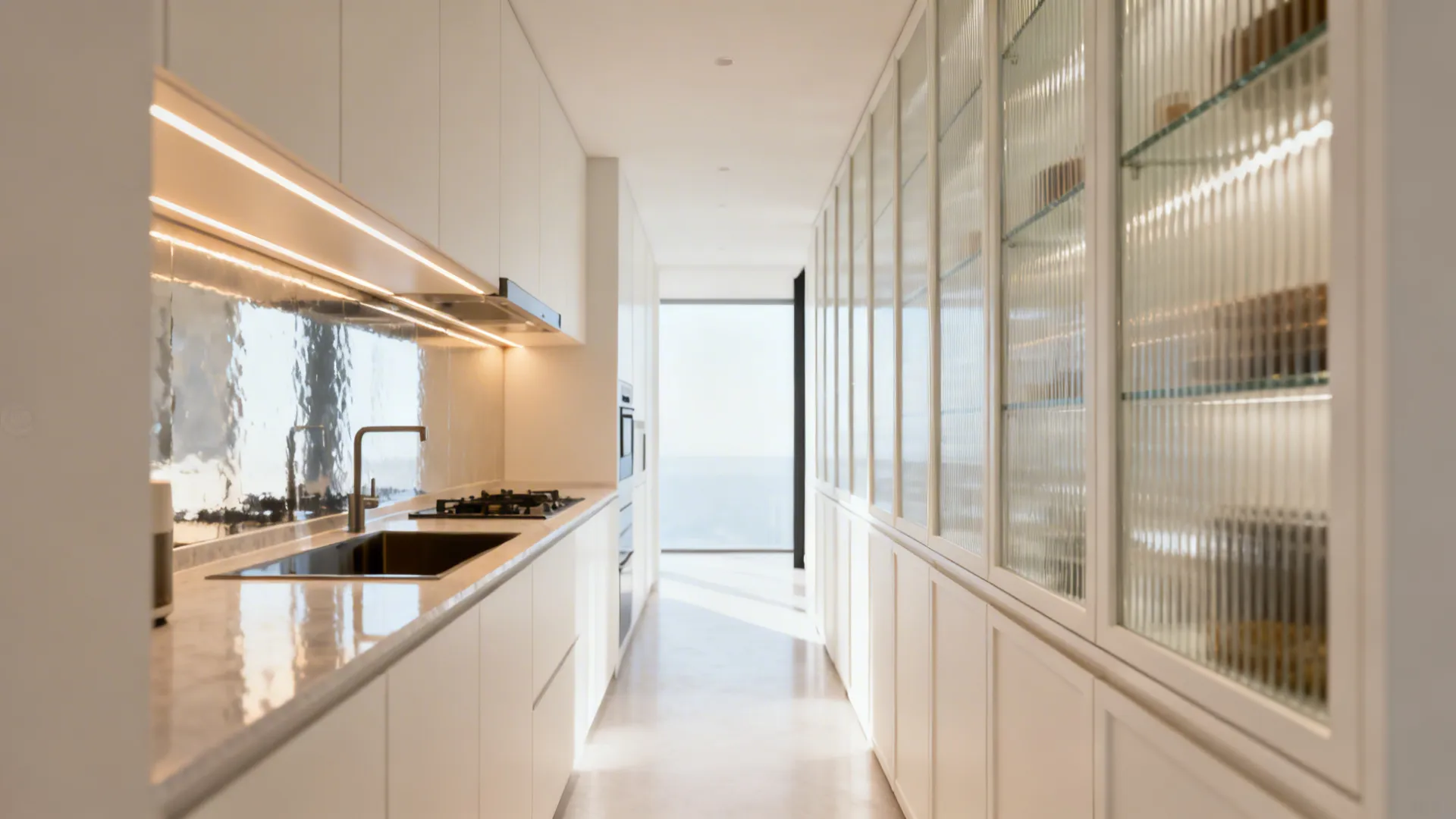Galley kitchen with reeded glass upper cabinets that brighten the narrow space.