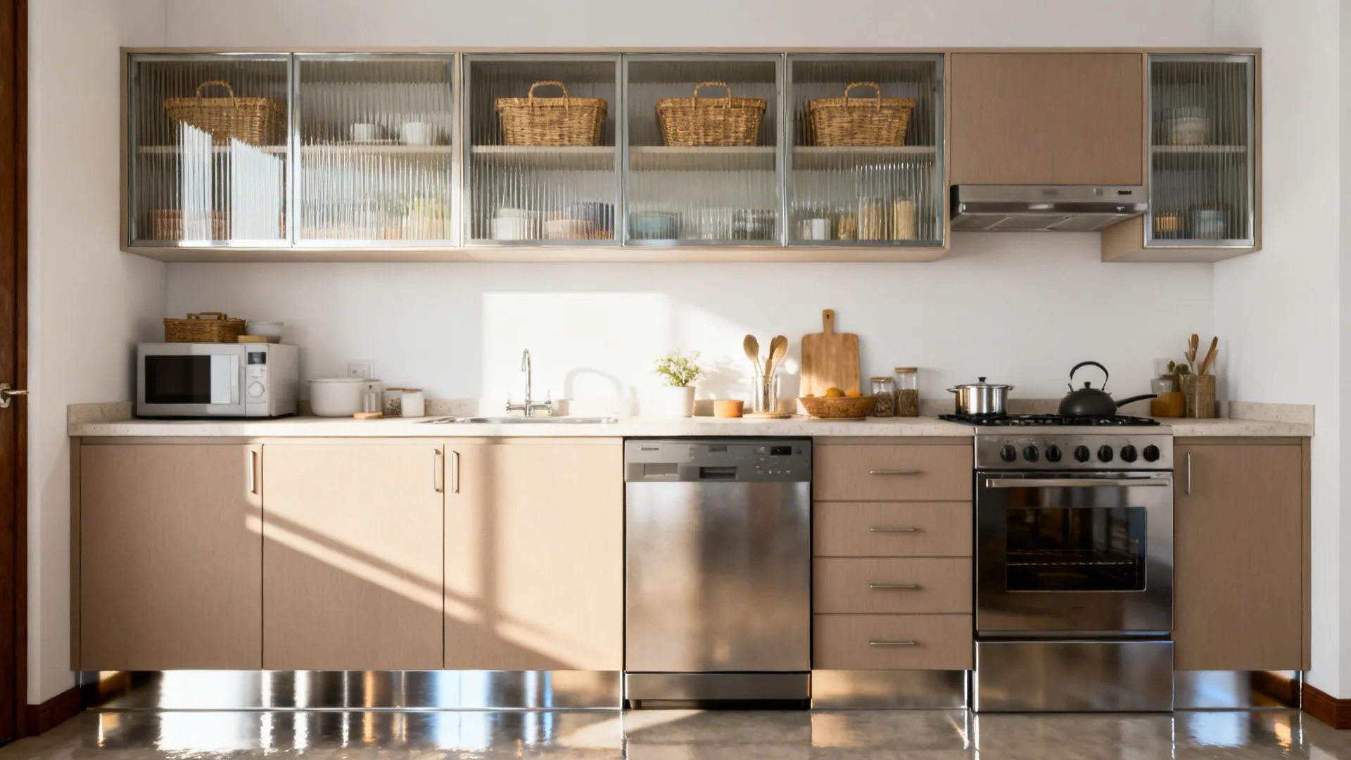 Small kitchen with reeded glass upper cabinets and glossy lower units reflecting soft daylight.