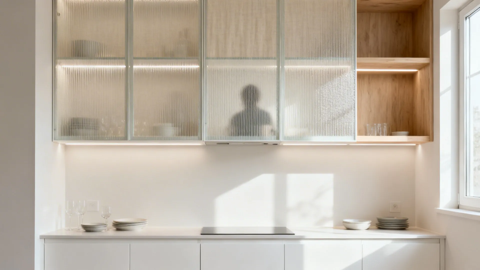 Reeded-glass upper cabinets with pale interiors and warm LED lighting in a small kitchen.