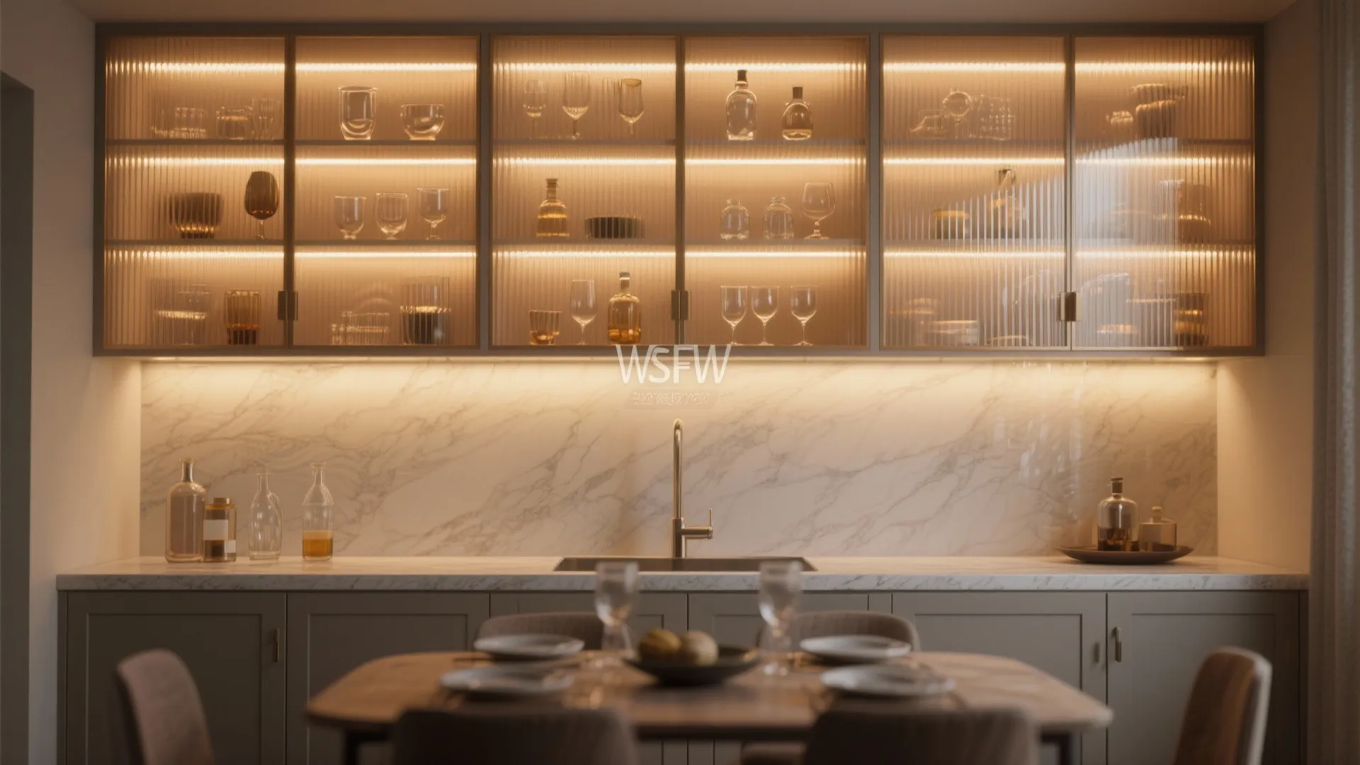 2) Glass-fronted uppers with integrated lighting