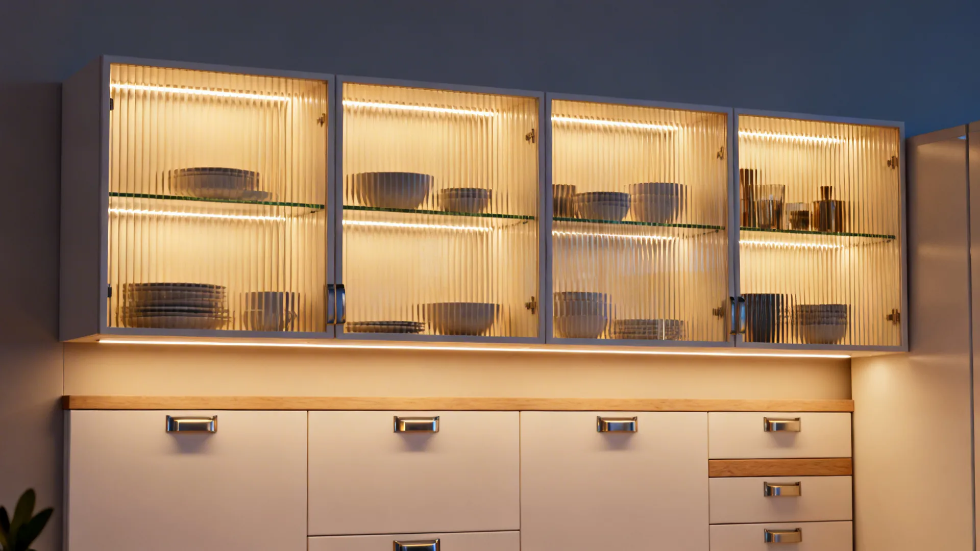 Ribbed glass-front upper cabinets with warm LED backlighting illuminating glass shelves and dinnerware.
