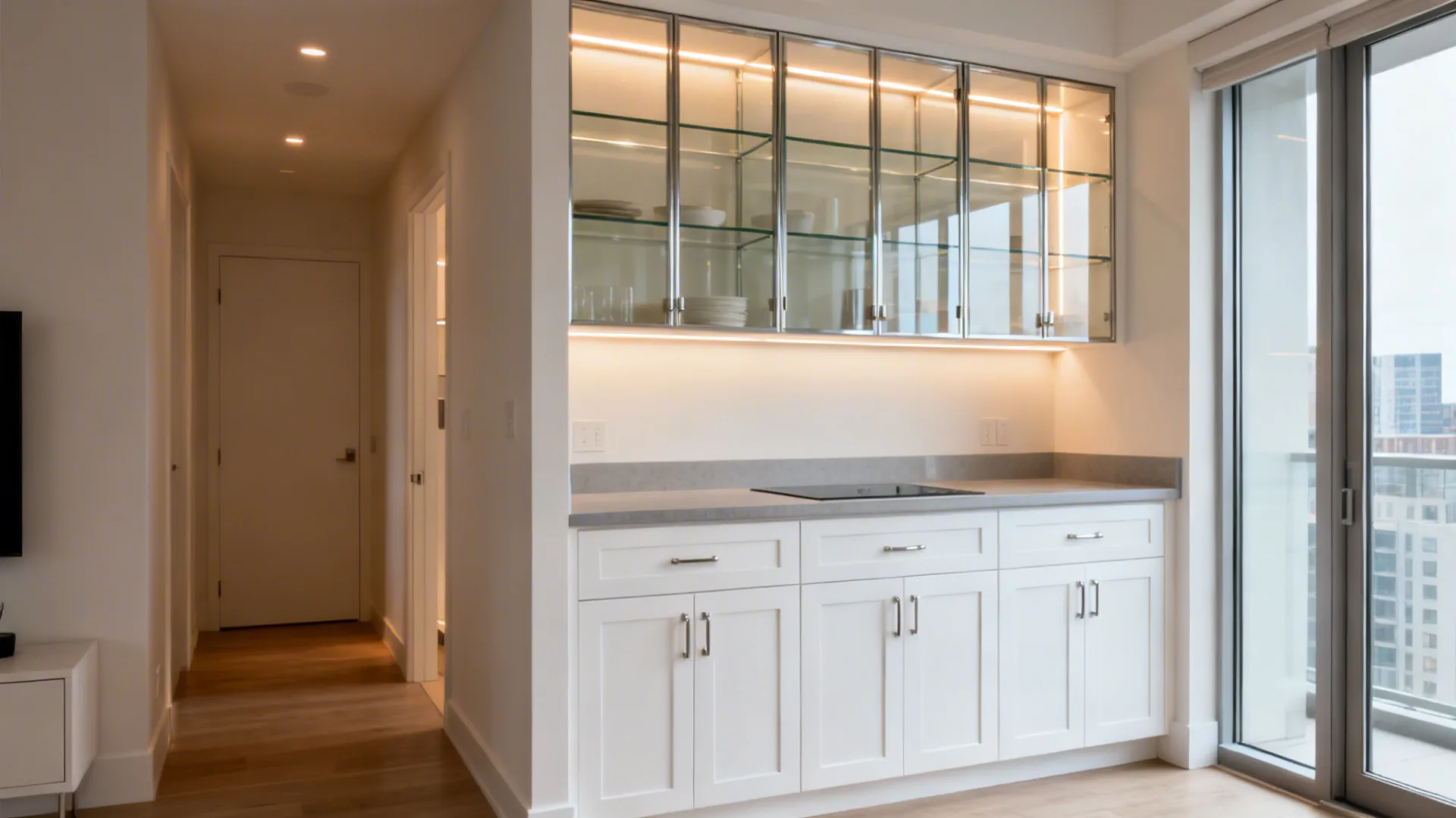 Small kitchen with clear-glass upper cabinets lit by warm LEDs over white lowers.