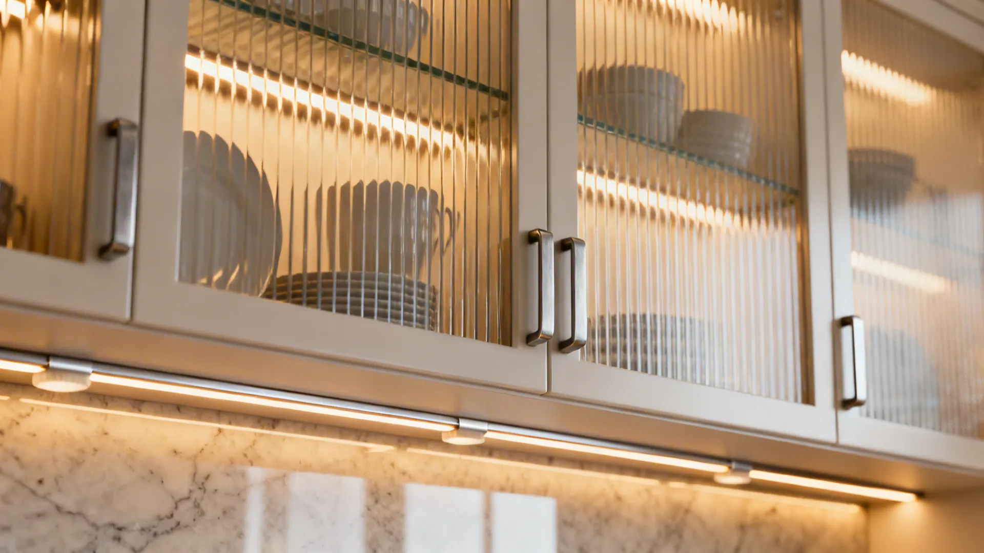 Close-up of reeded glass-front kitchen uppers with warm interior LED lighting and diffusers.