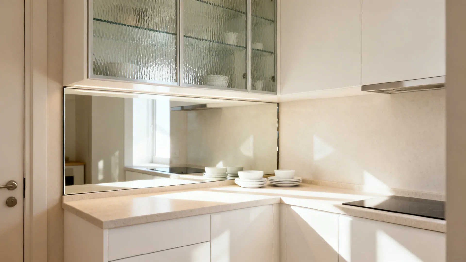 Compact kitchen with reeded glass uppers and a mirrored cabinet end reflecting soft daylight.