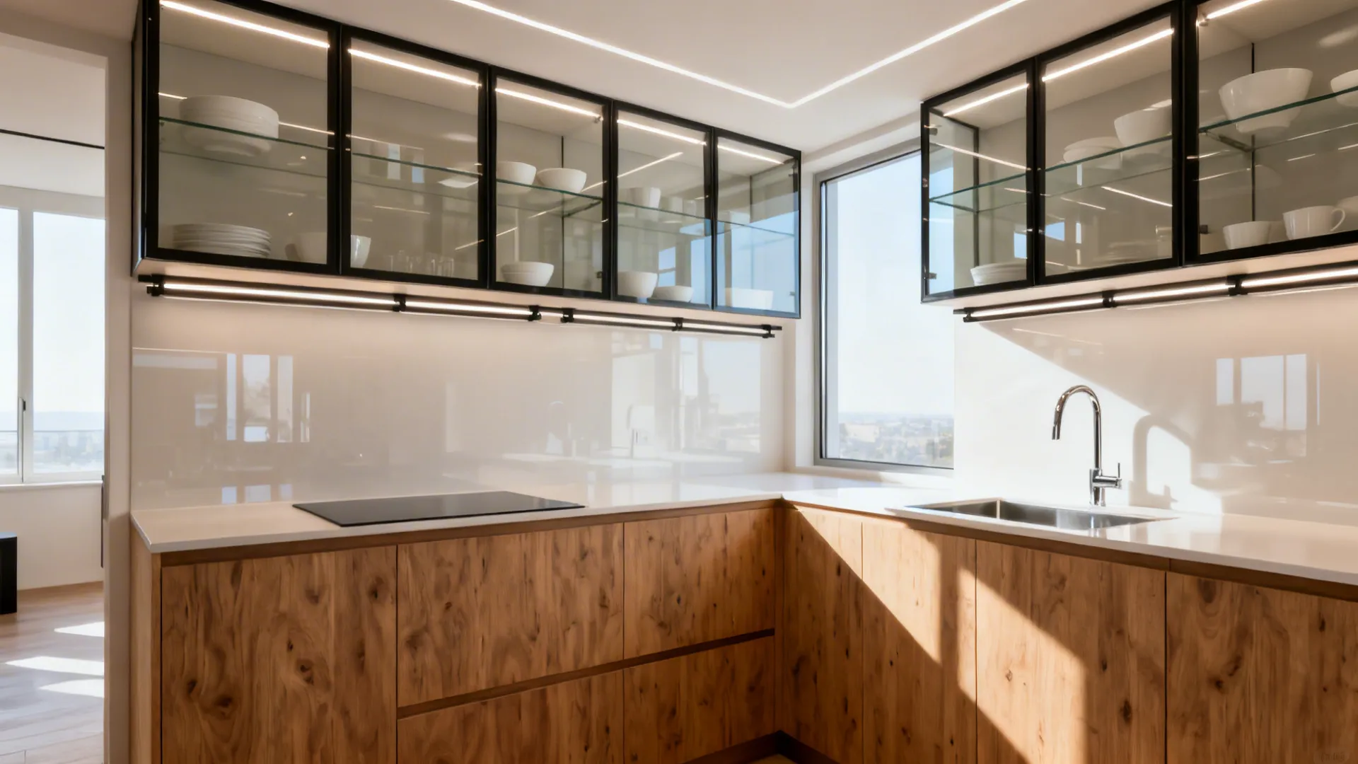 Compact kitchen with plywood bases and framed glass upper cabinets that enhance depth and light.