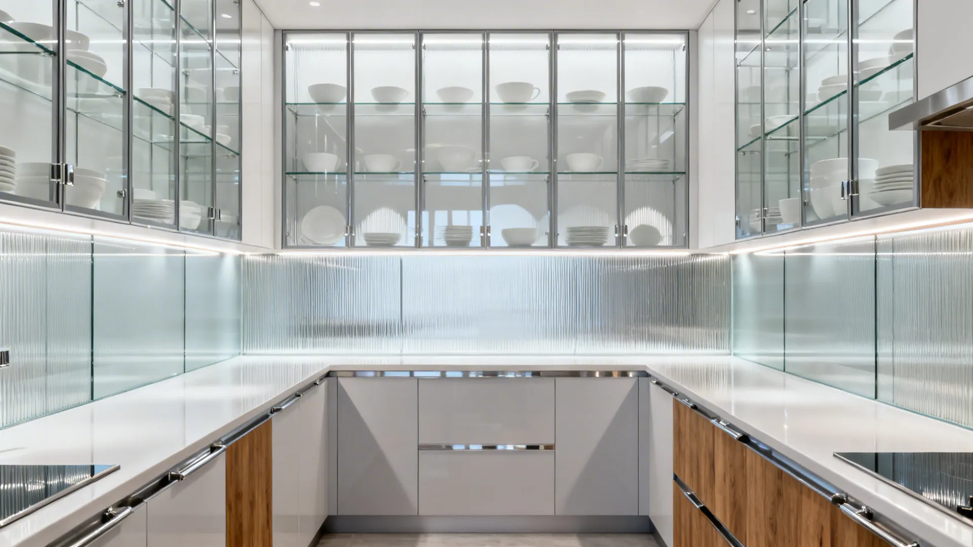 Small kitchen with mixed clear and reeded glass uppers and a reflective glass backsplash.