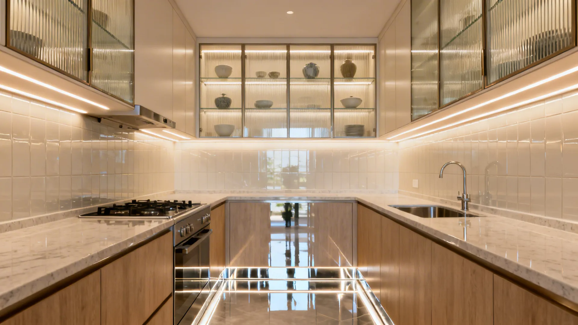 Small galley kitchen with reeded glass uppers, glossy backsplash, and mirror toe-kick for depth.