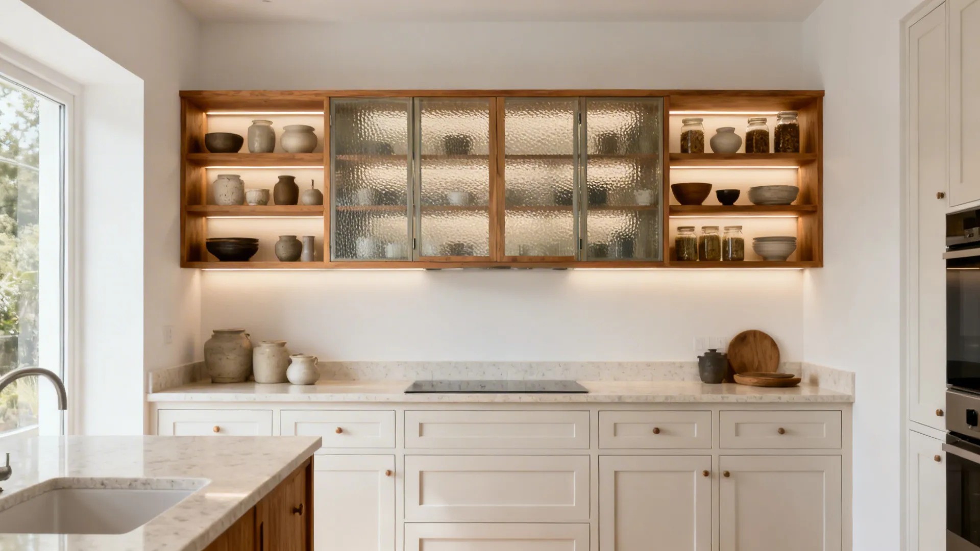 Compact kitchen with reeded-glass uppers and an oak shelf above light counters for an airy feel.