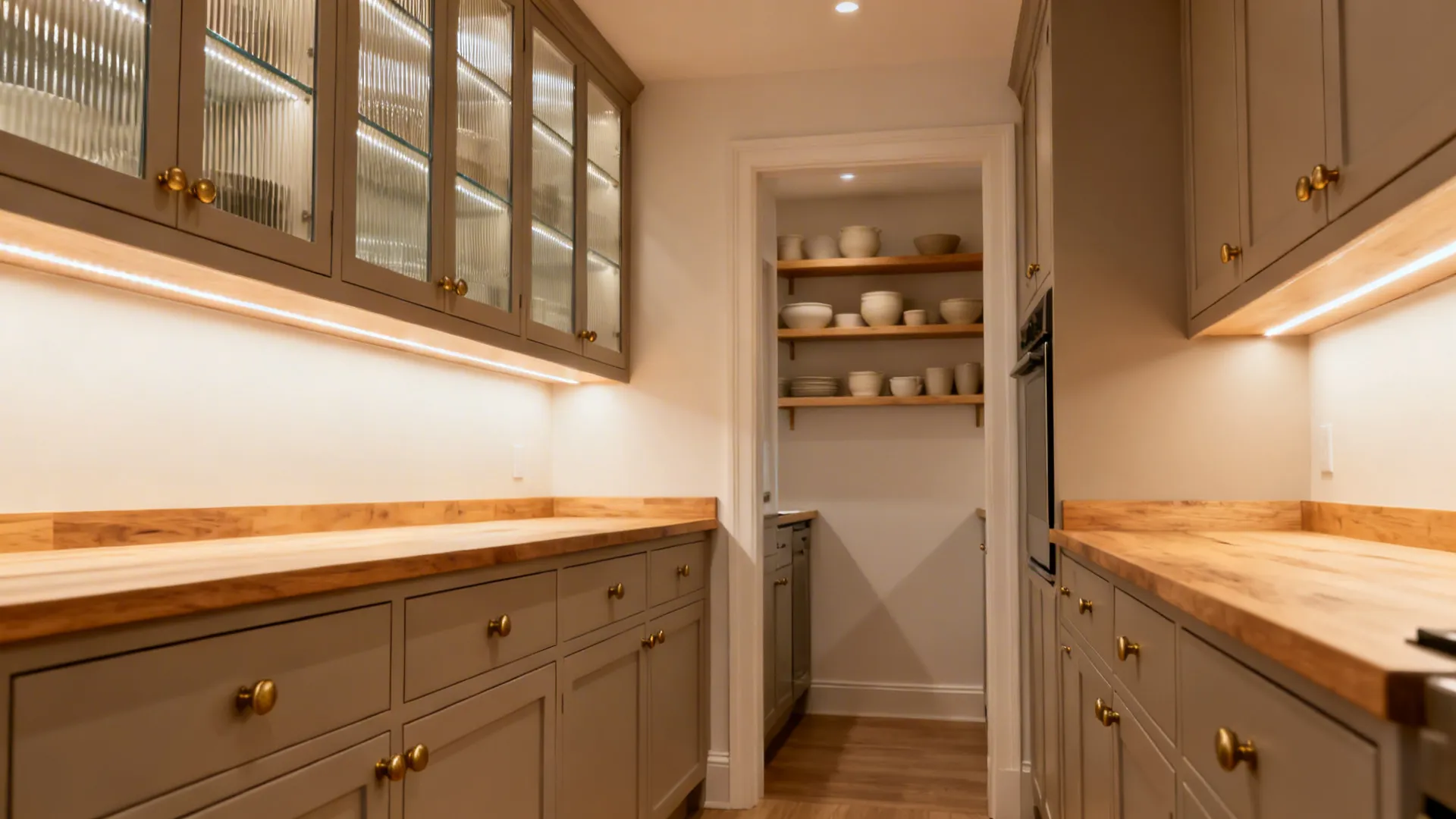 Small galley kitchen with reeded-glass upper cabinets and warm LED lighting.