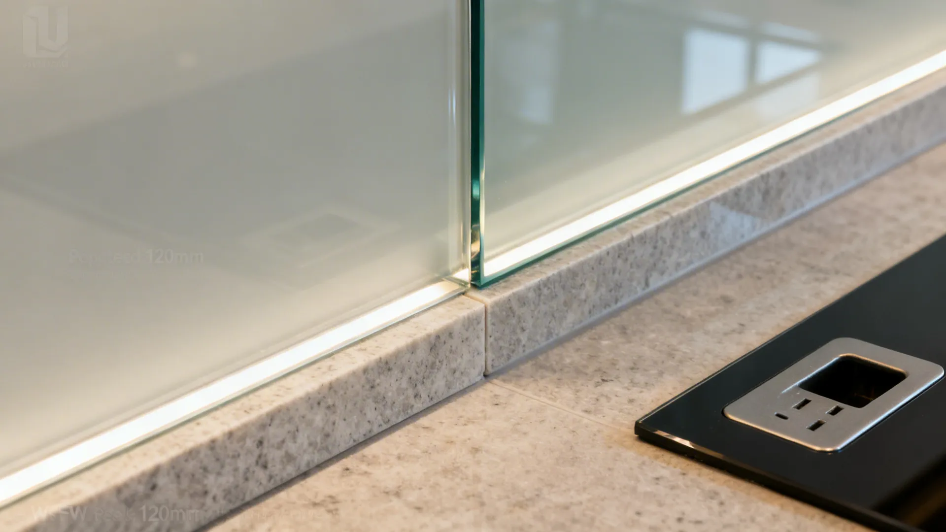 Macro of low-iron glass backsplash neatly aligned with a quartz upstand and outlet cutout.