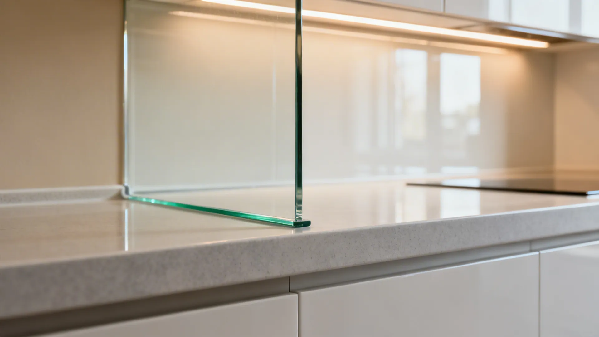 Clear glass panel on white kitchen counter with bright light under the top white cabinets