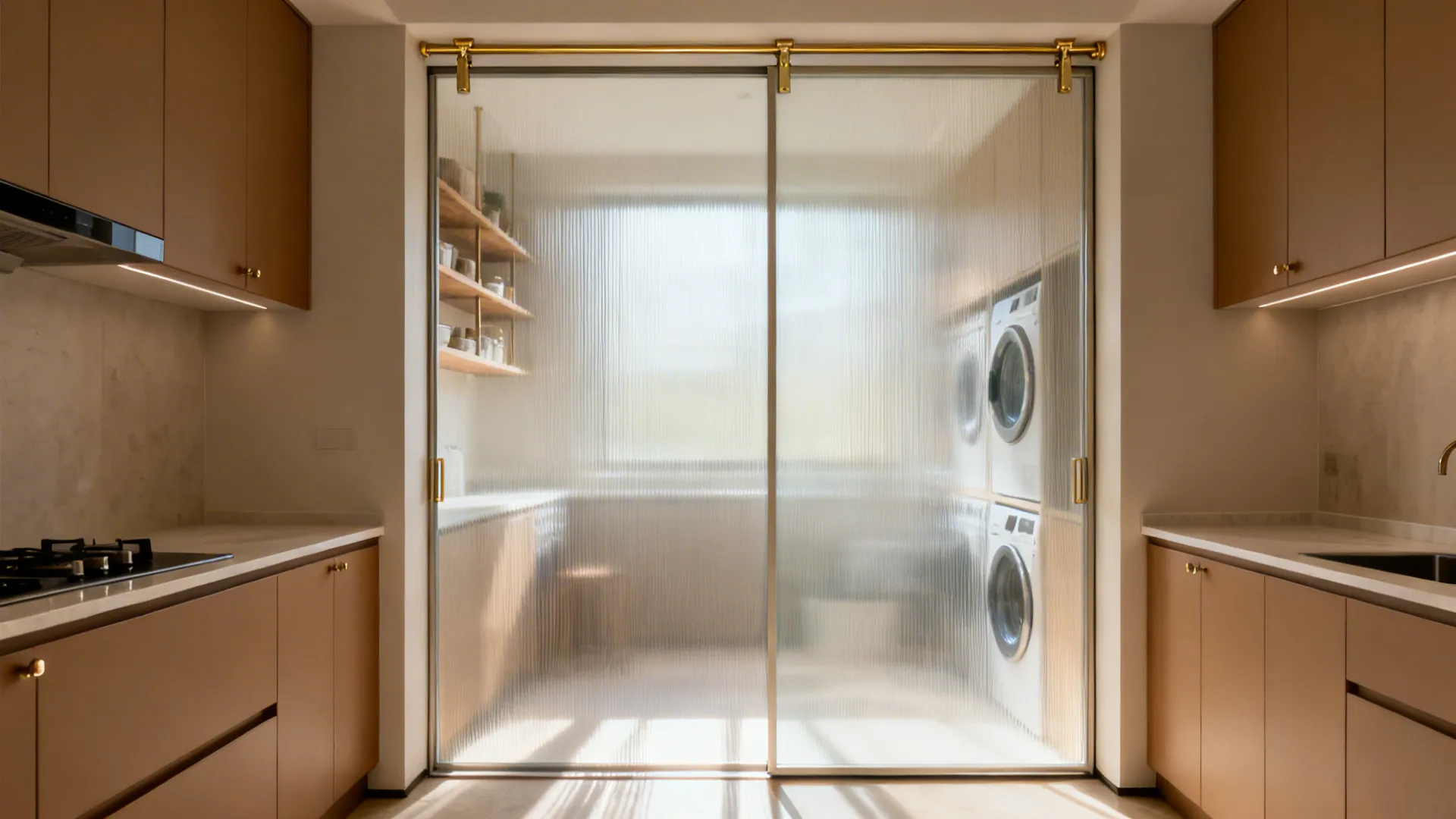 Utility niche behind reeded glass sliding panels bringing light while keeping privacy.