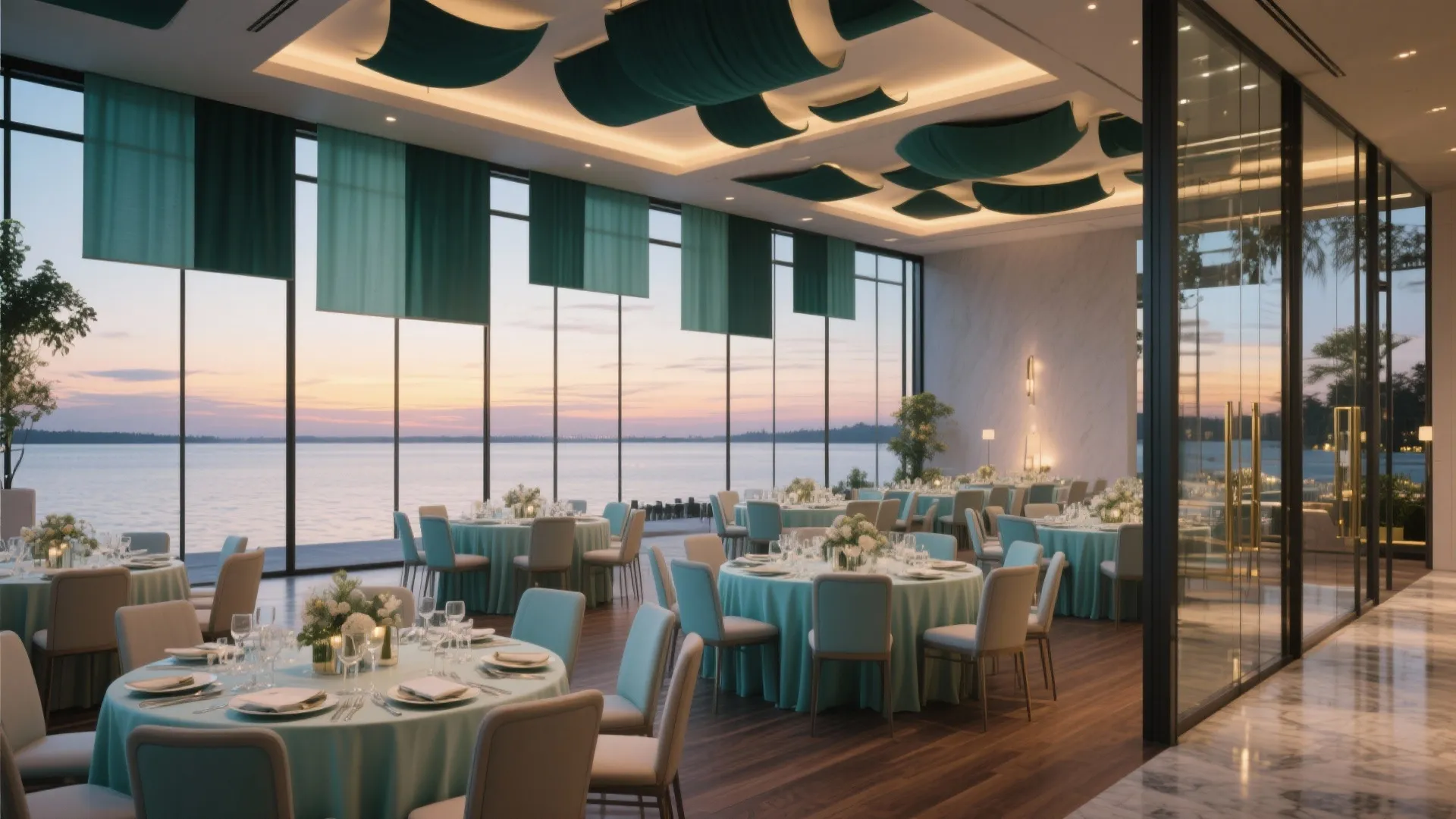 Large event room with round dining tables teal chairs glass walls and lake view at sunset