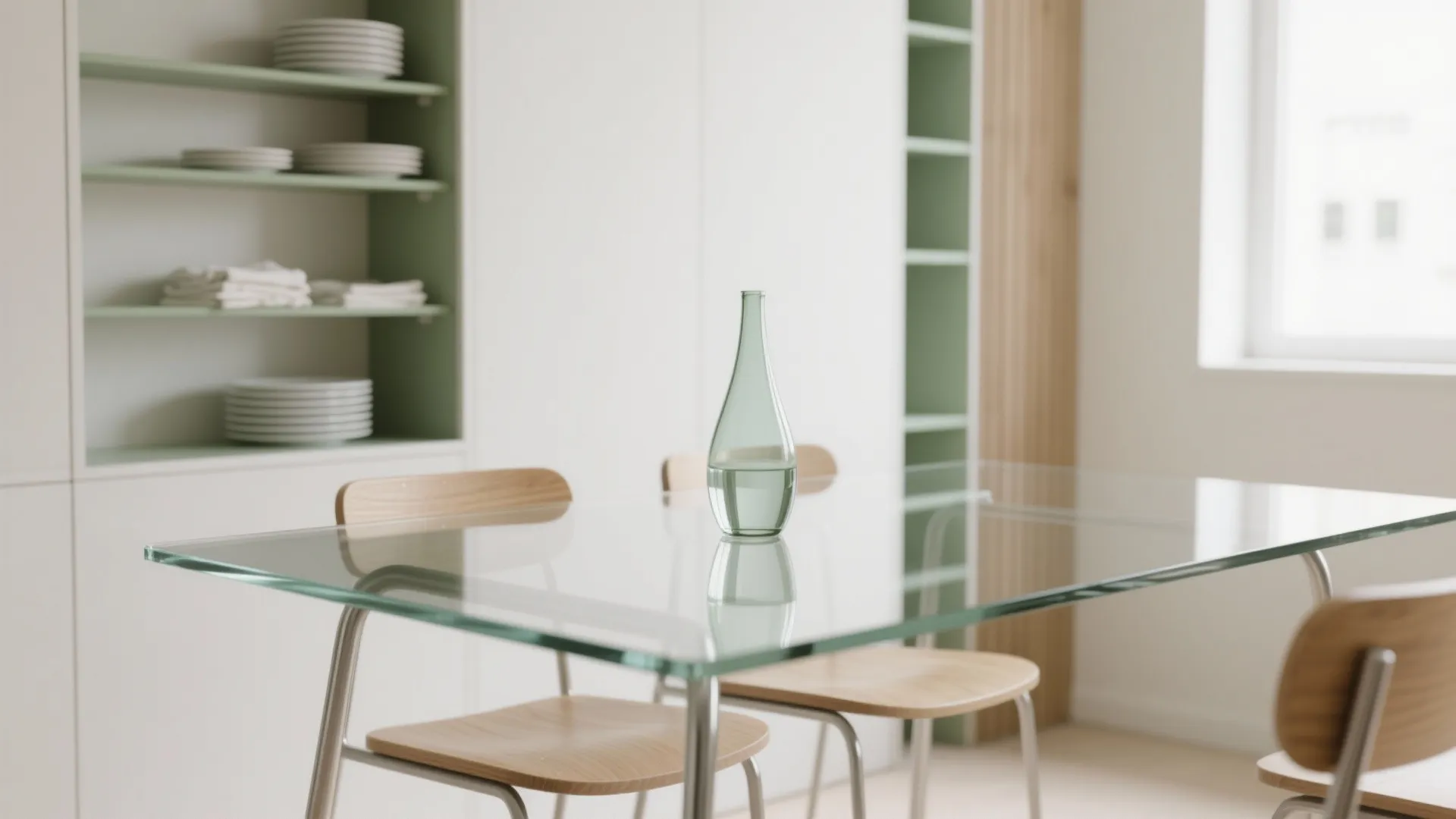 5. Minimalist glass table and vertical storage