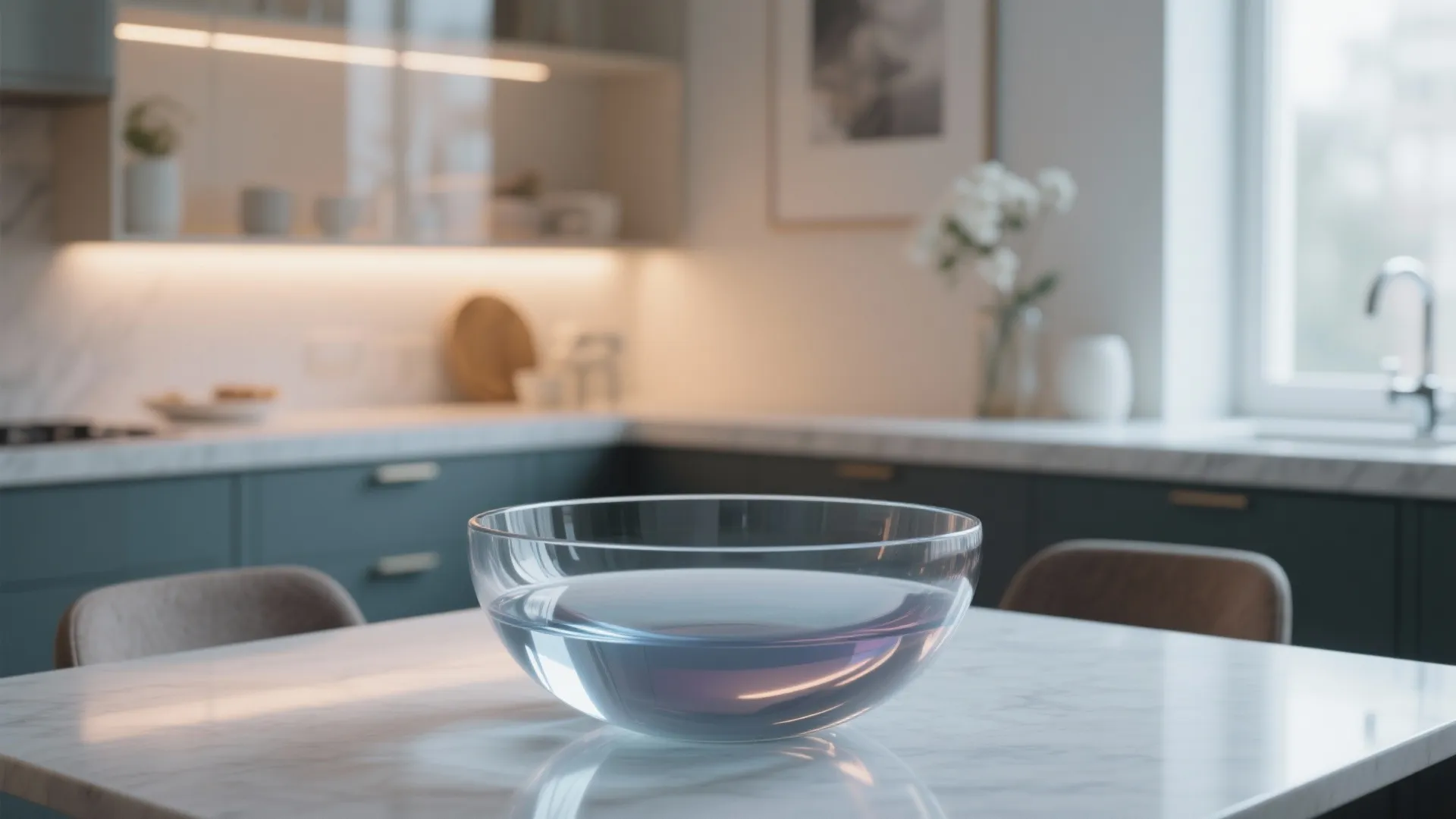 Clear glass bowl sitting on a marble table in a modern kitchen with blue cabinets