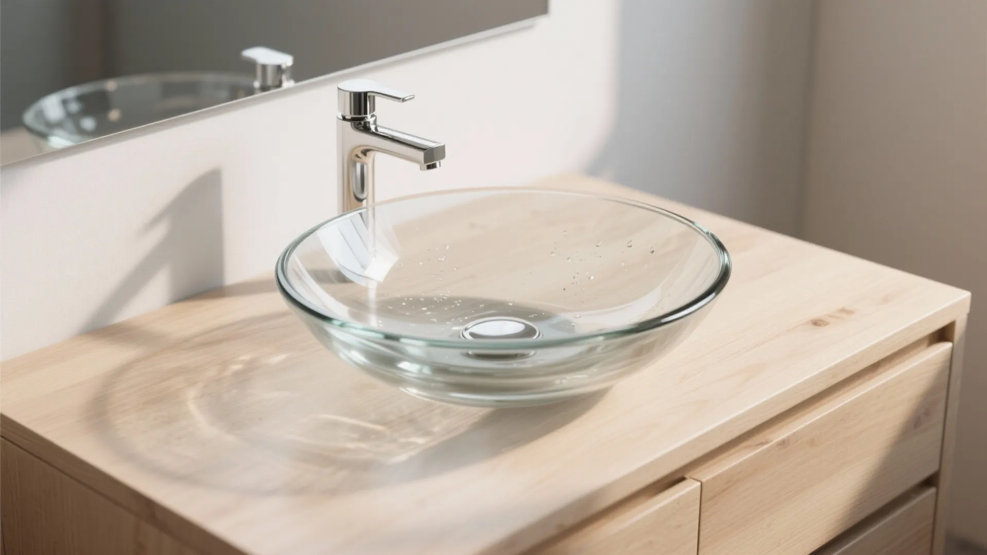 Clear glass bowl sink with water drops on a light wood cabinet under natural light