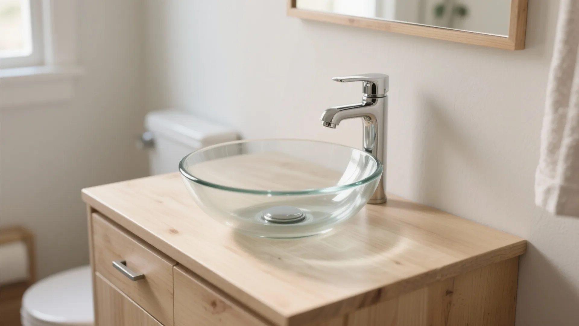 Modern bathroom with a clear glass bowl sink on a wooden cabinet and chrome faucet