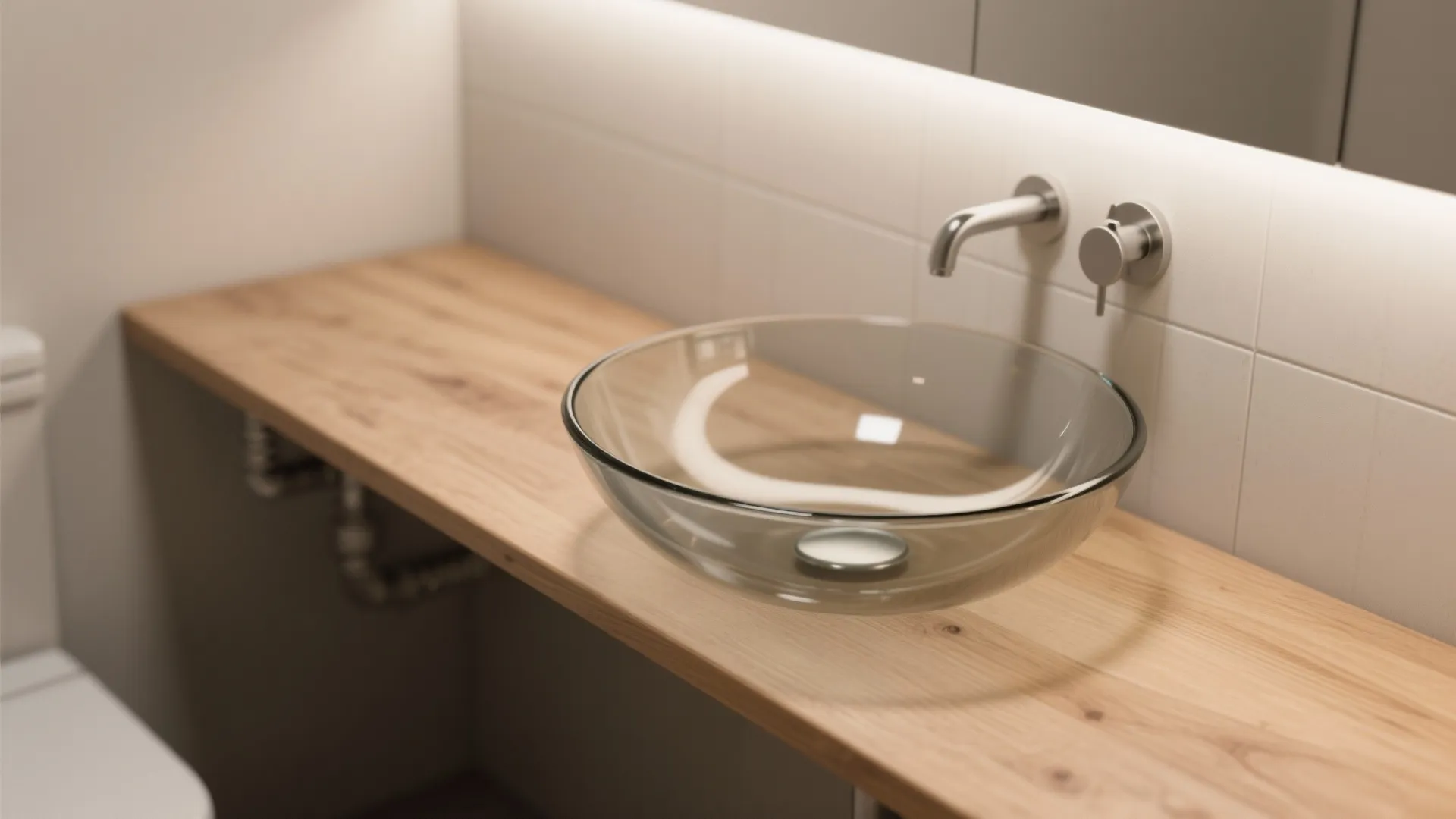 Close-up of a shallow round glass vessel sink on a slim wooden wall-mounted shelf with a thin backsplash