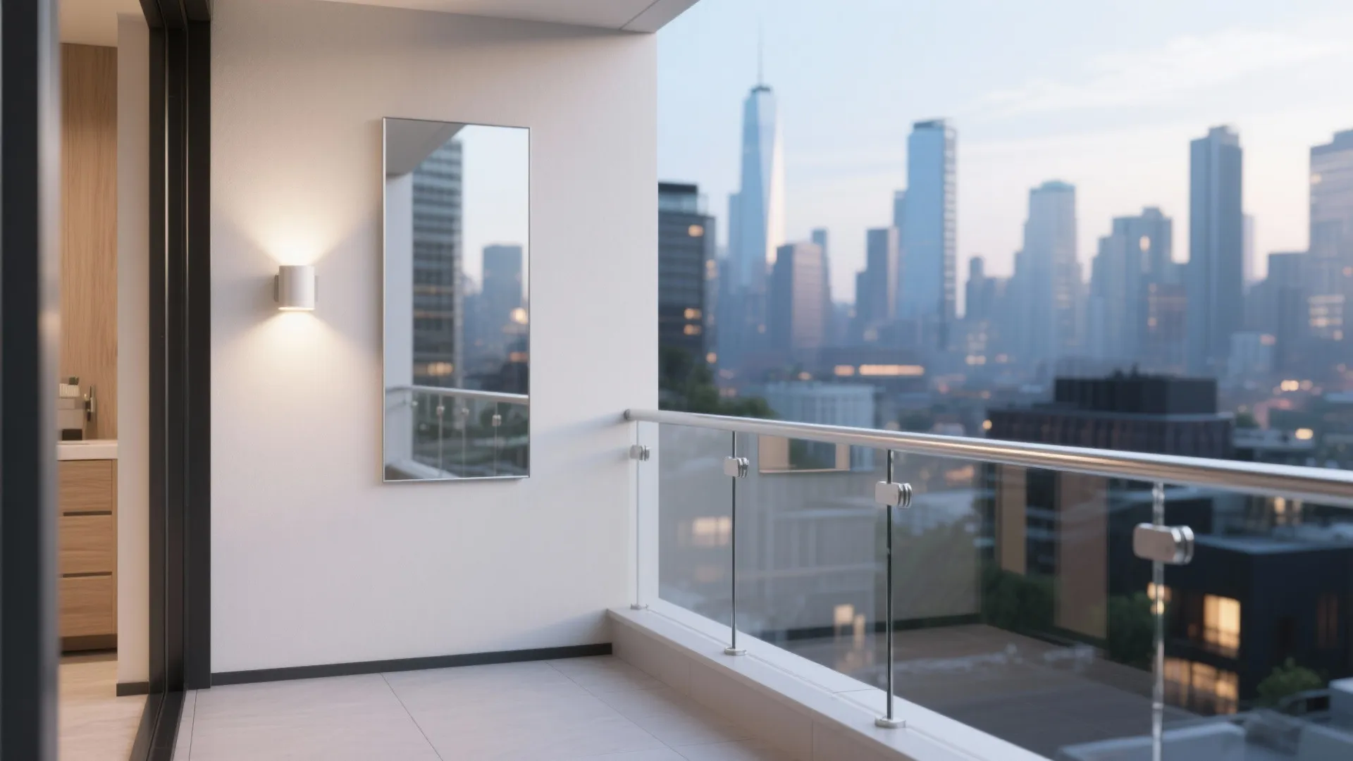 Small balcony with a clear glass balustrade, outdoor mirror, matte flooring, and a warm LED sconce opening views to the city.