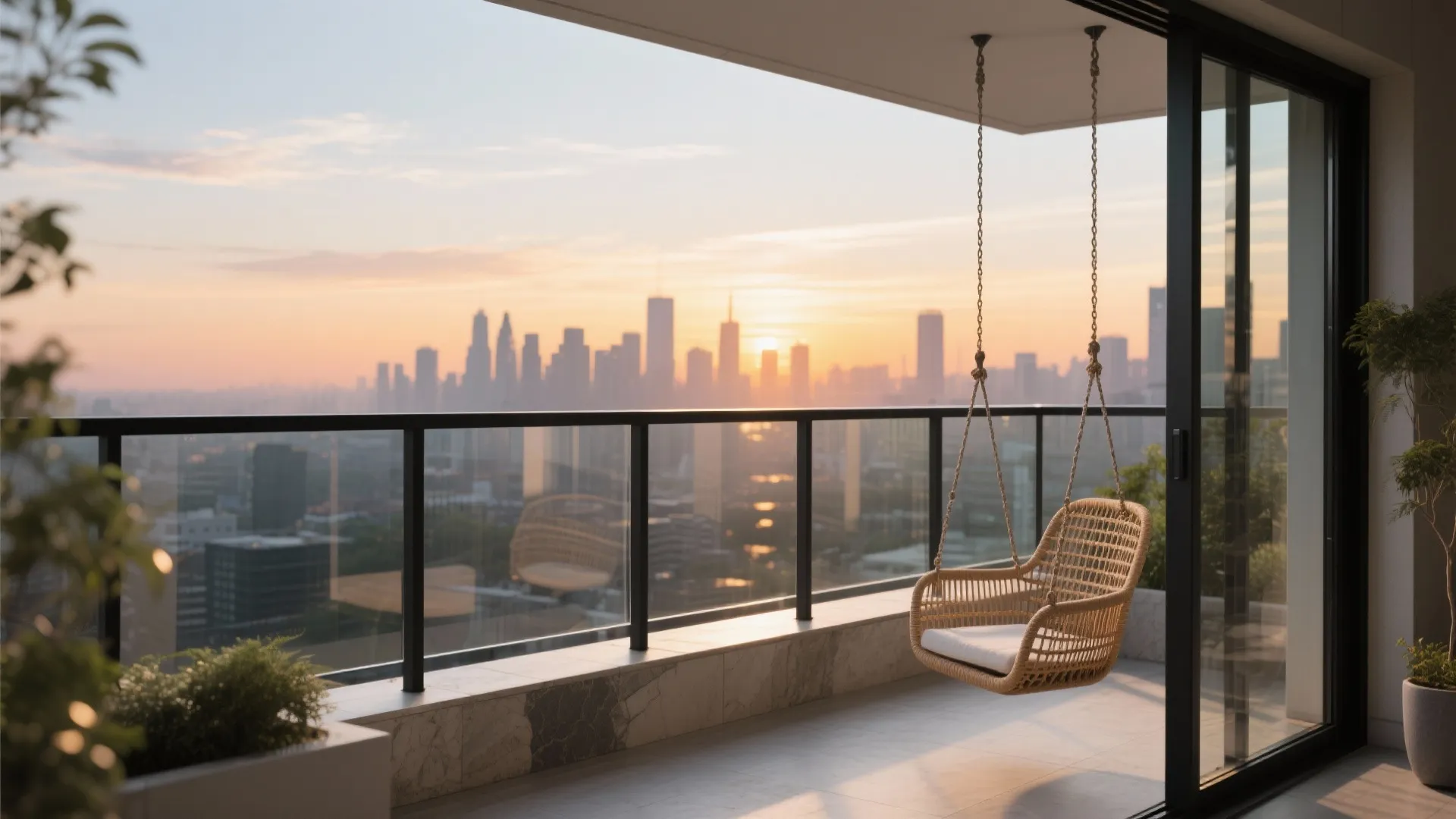 Modern balcony featuring hanging swing chair glass railing and sunset view of a city skyline