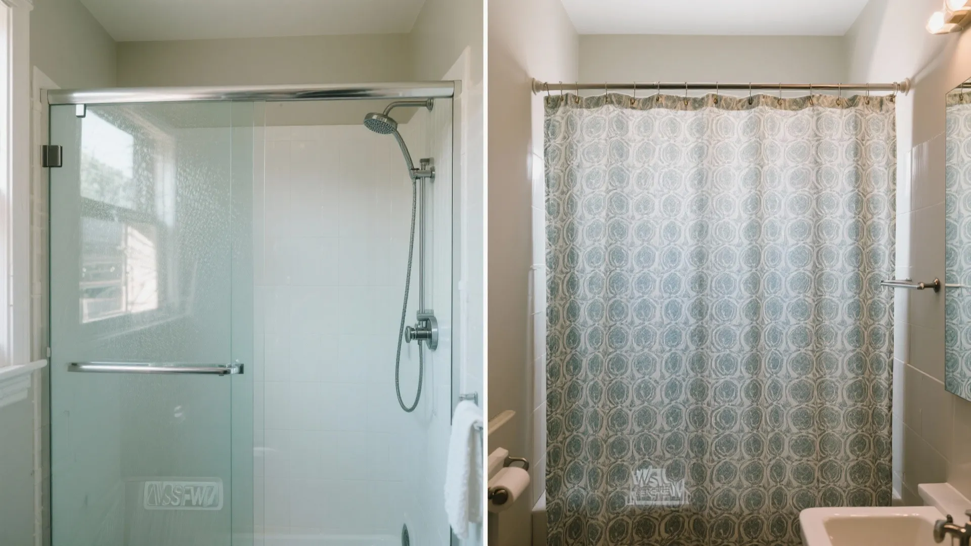 Before and after comparison showing a glass shower door versus a patterned blue fabric curtain