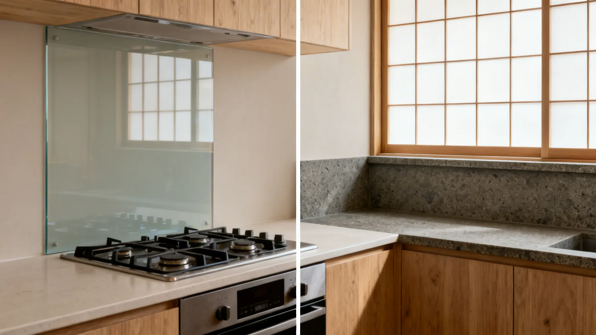 Split view of a compact kitchen with tempered glass backsplash and honed basalt backsplash.