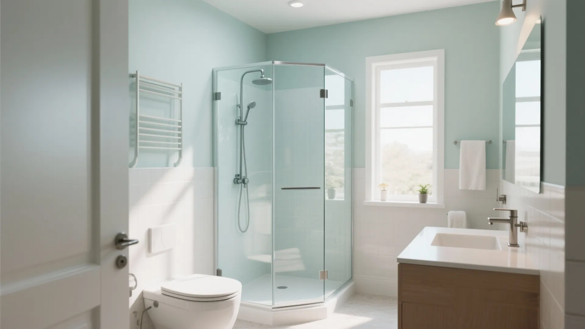Modern bathroom with light blue walls glass shower door white toilet wooden cabinet and bright window