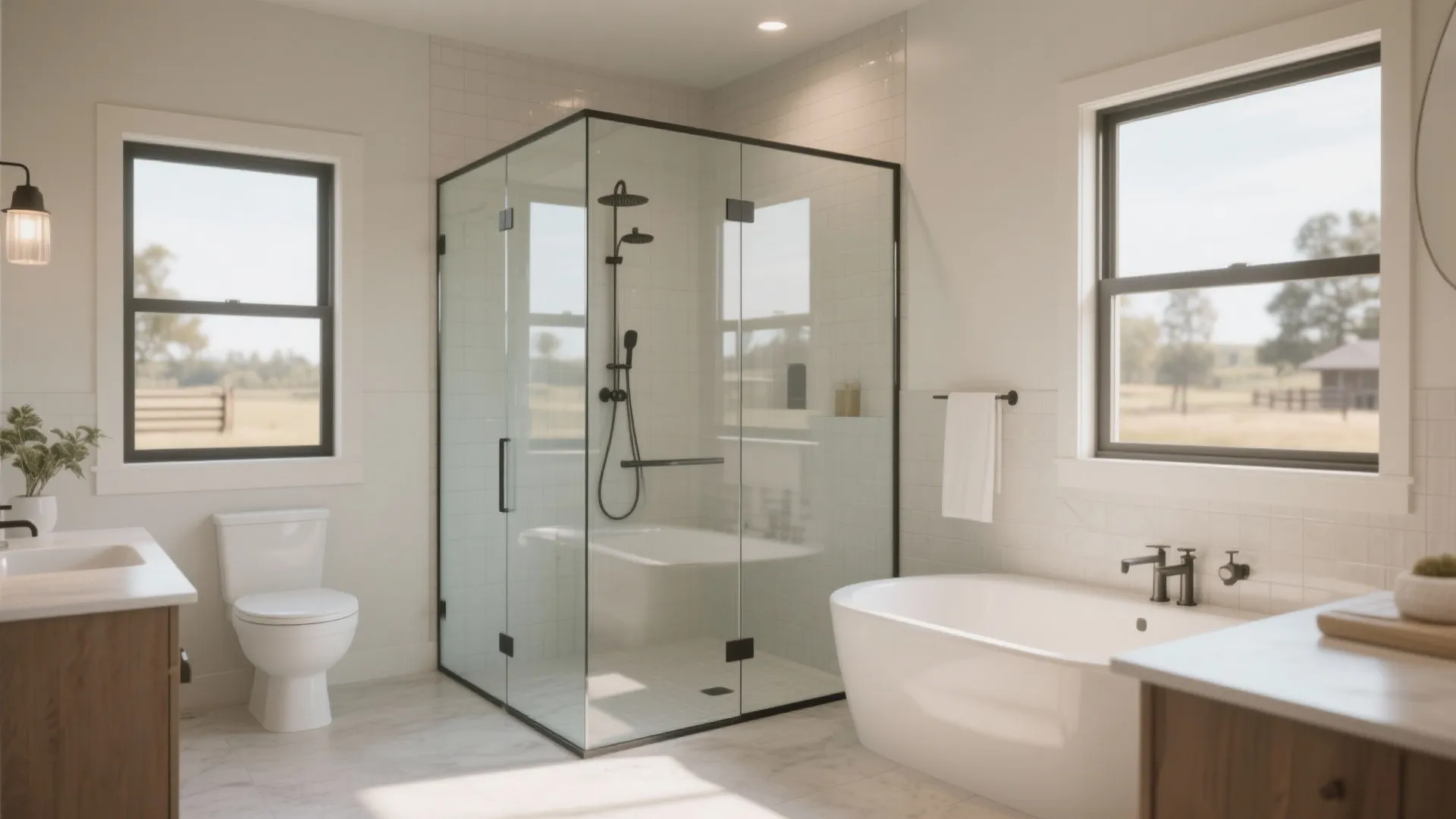 Modern bathroom with glass shower corner white bathtub toilet wood cabinet and two bright windows