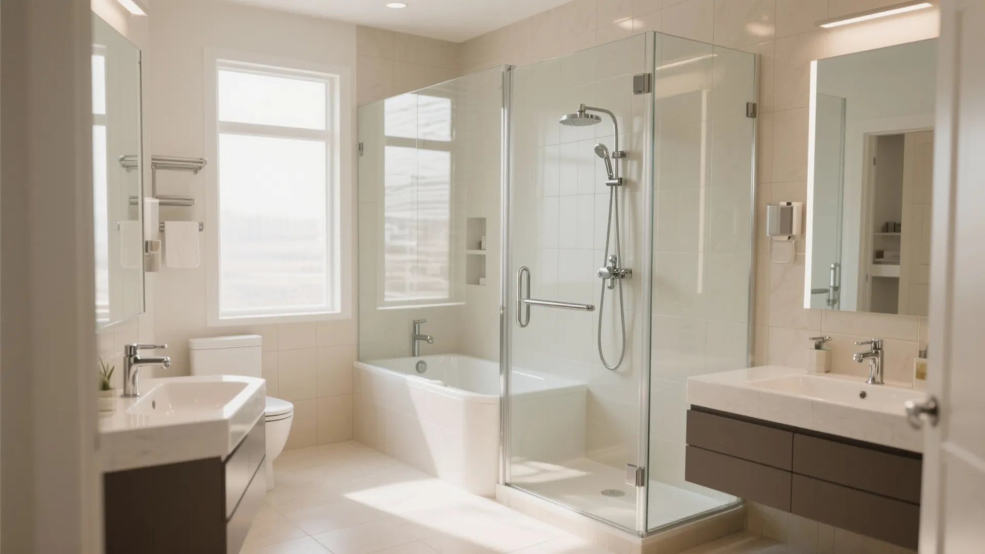 Modern bathroom with glass walk-in shower, bathtub, toilet, double sinks, mirrors, and large bright window