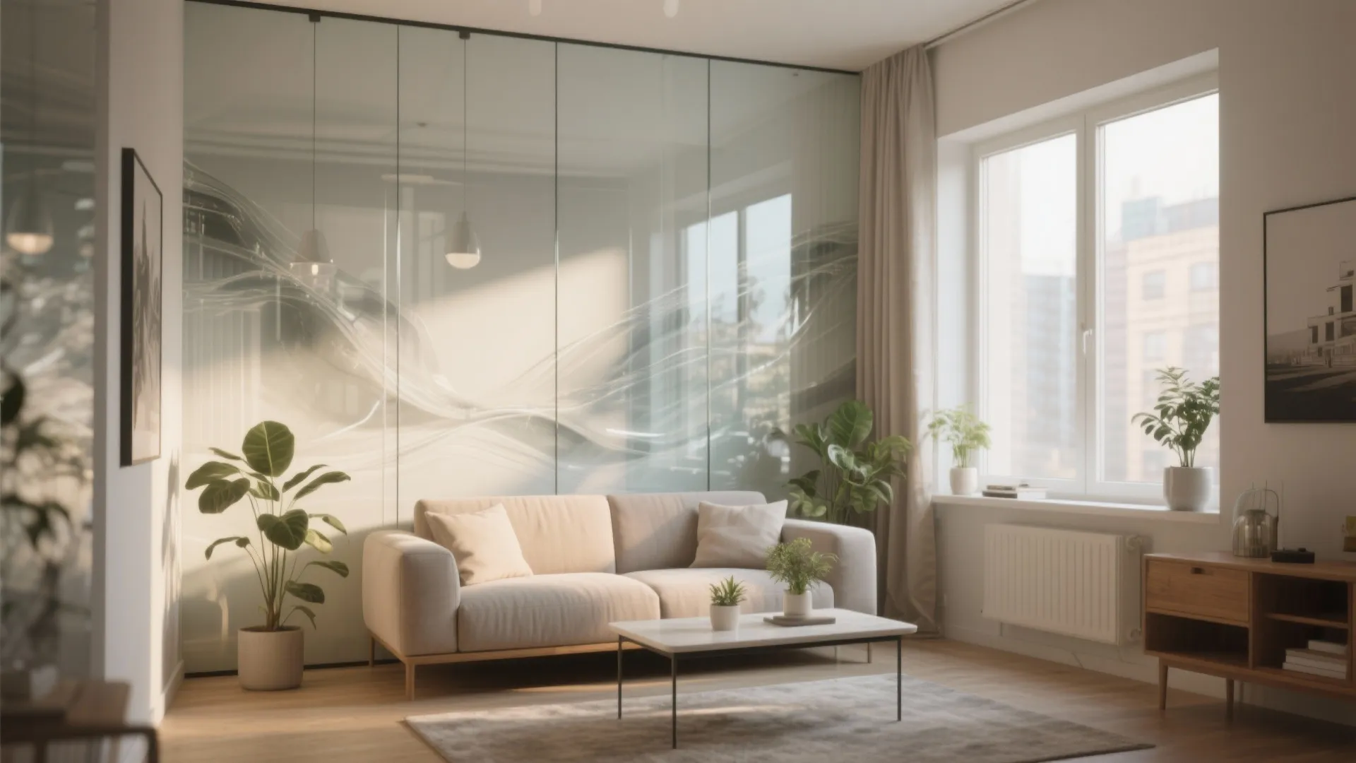 Modern living room with large glass wall art beige sofa coffee table and green plants