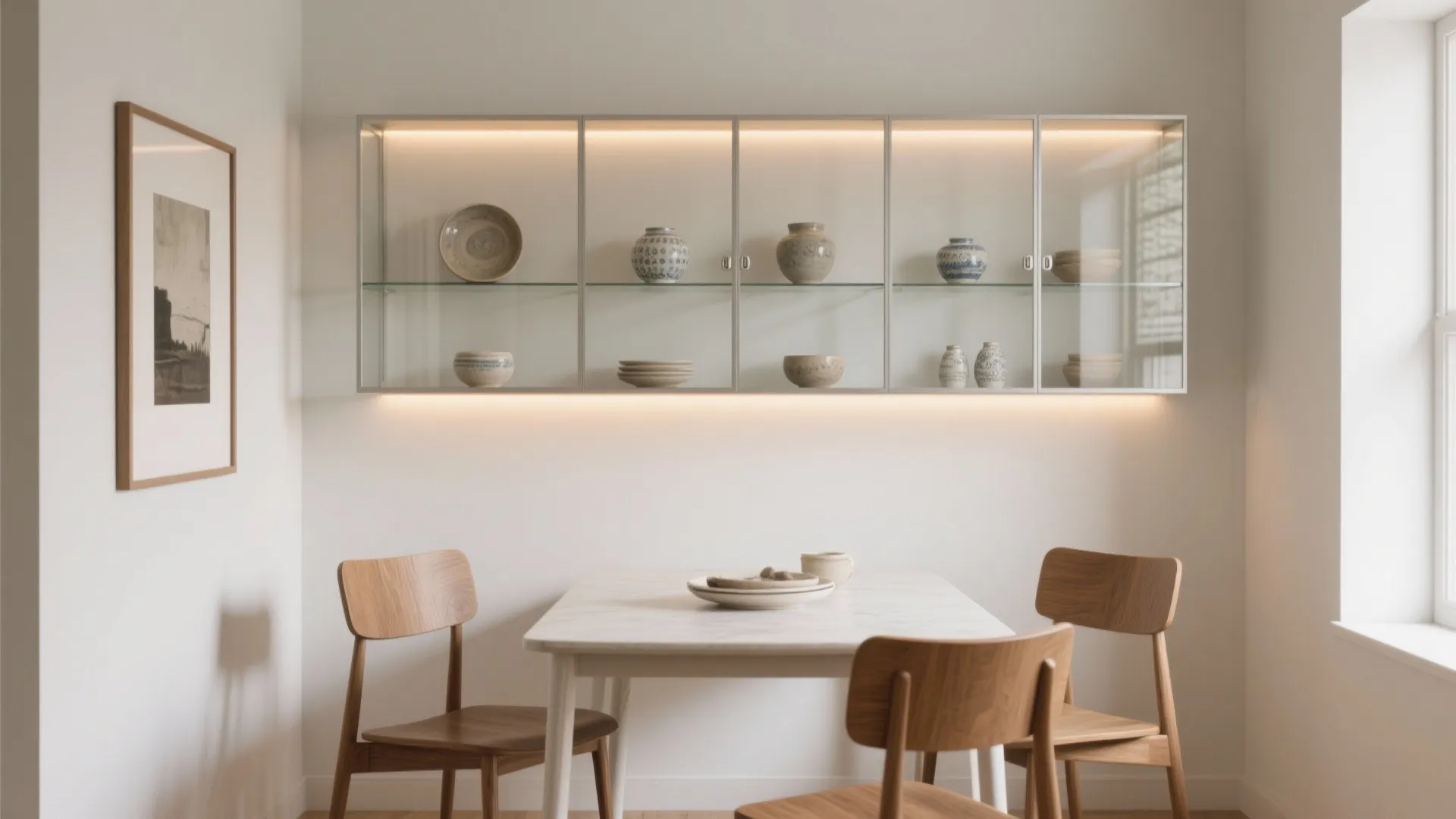 Minimalist dining area with white table wooden chairs and a glass wall cabinet showing pottery