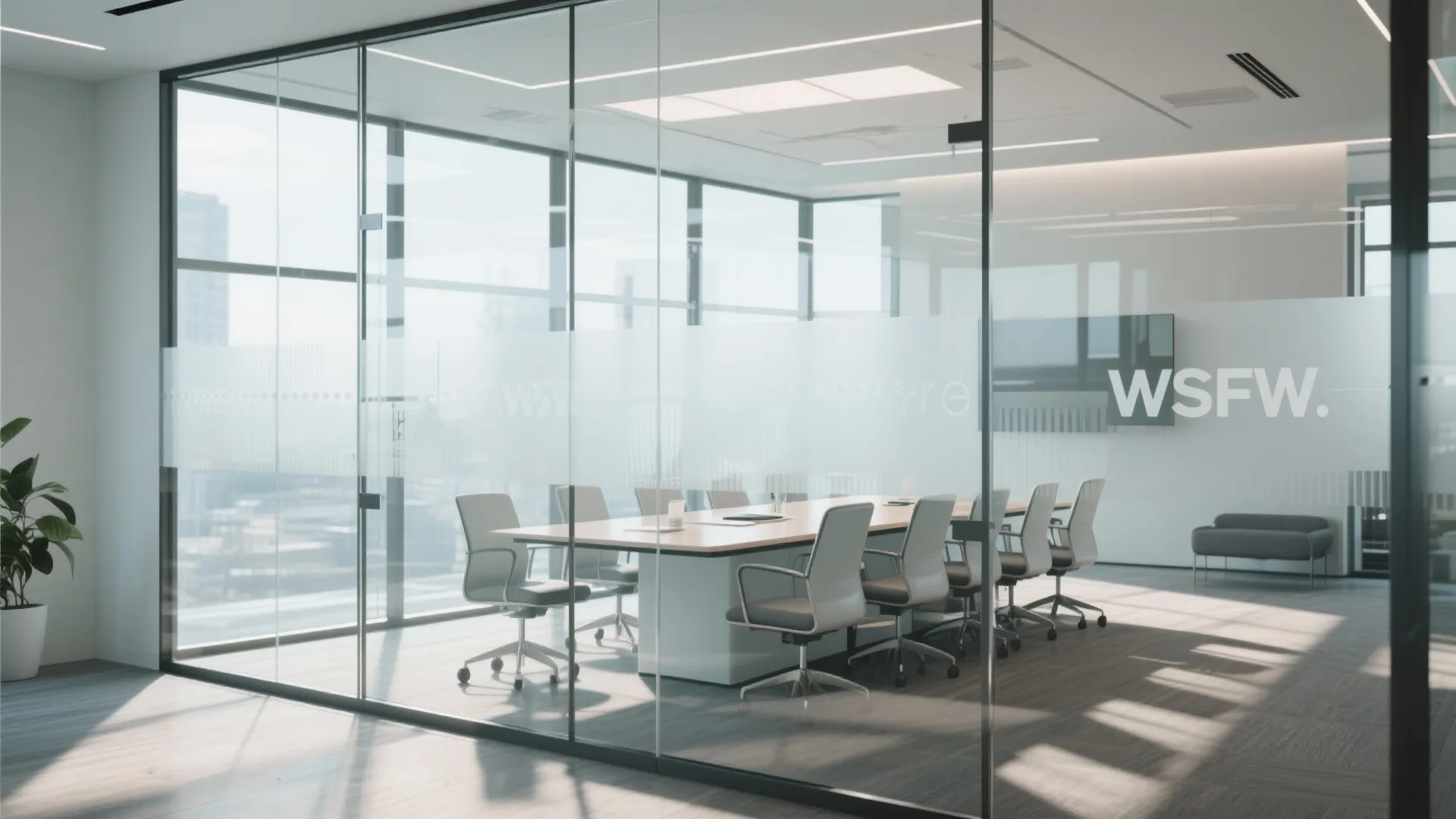 Modern office meeting room with glass walls large wooden table grey chairs and bright windows