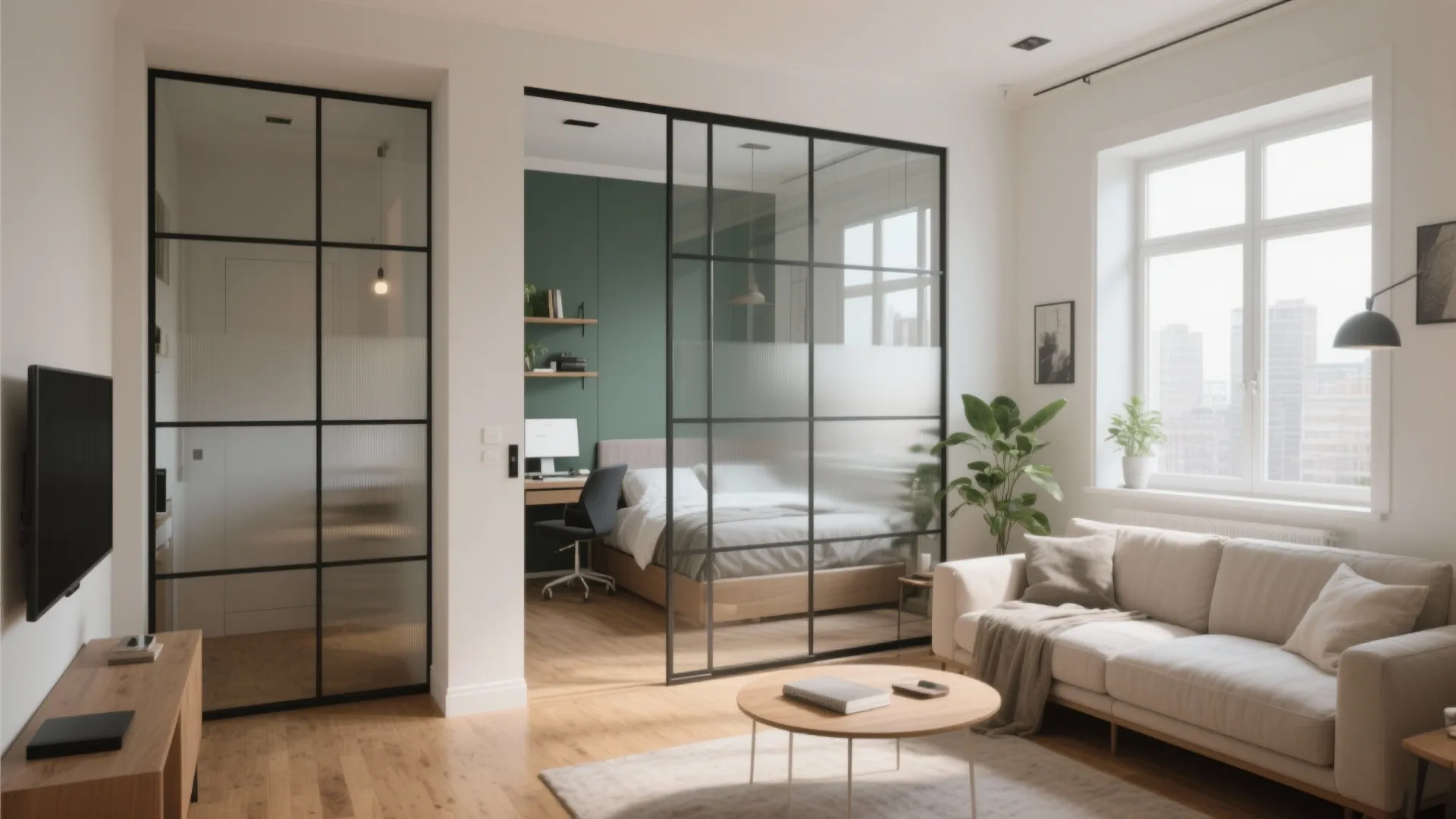 Living room with sofa and coffee table separated from the bedroom by black frame glass doors