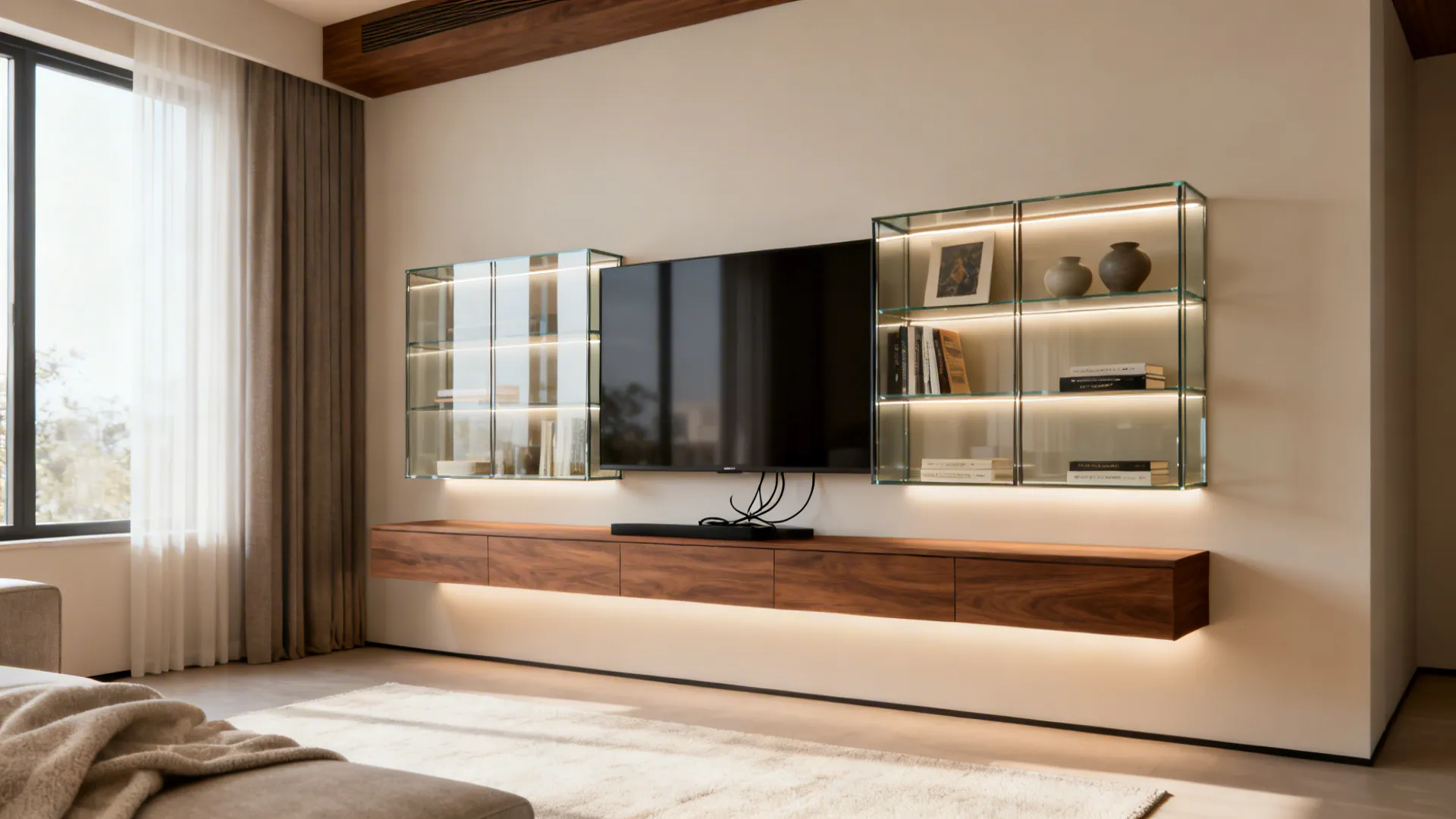 5 Modern Wall Showcase Designs for Living Room with Glass