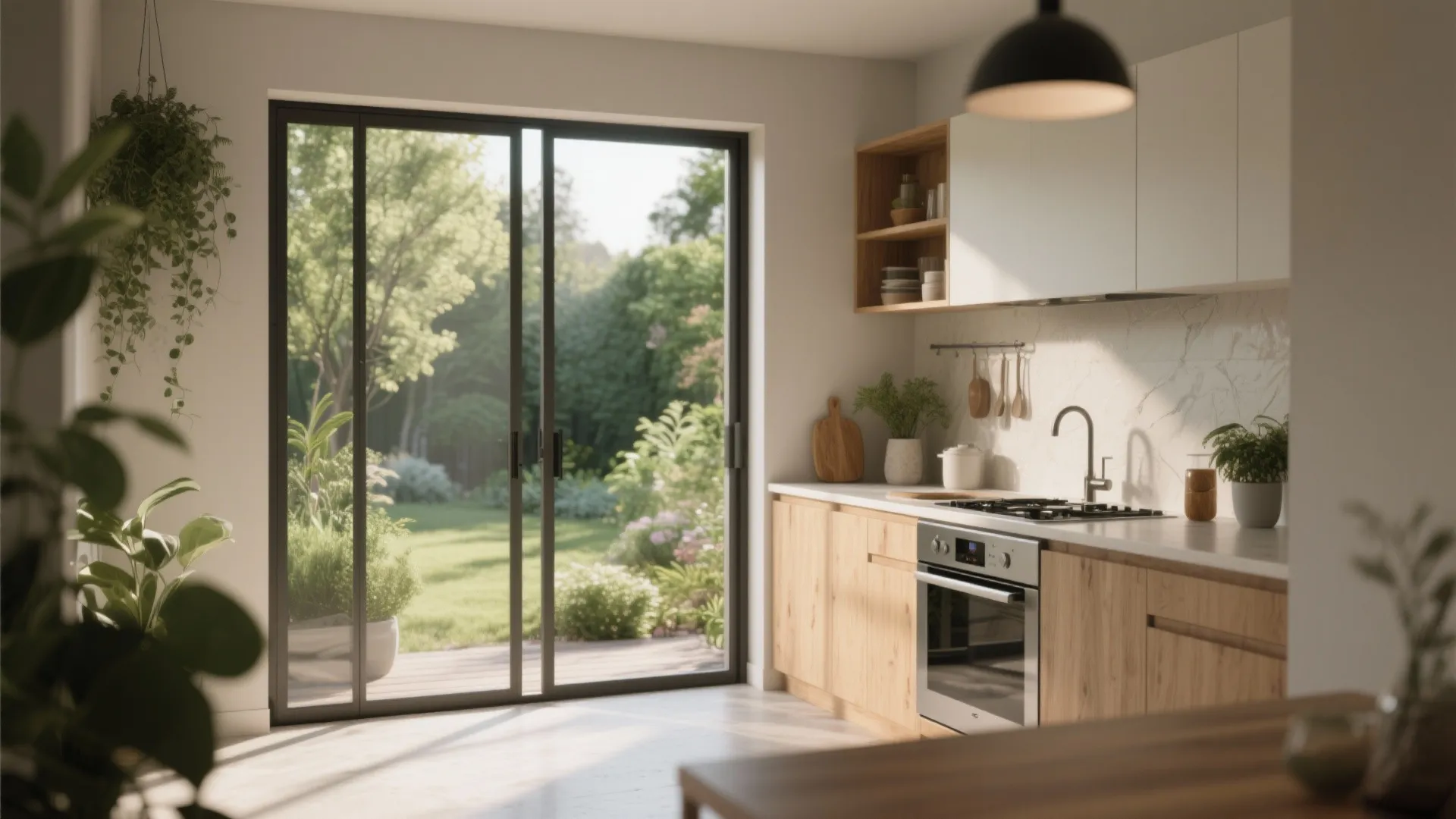 Small kitchen with sliding glass door to garden