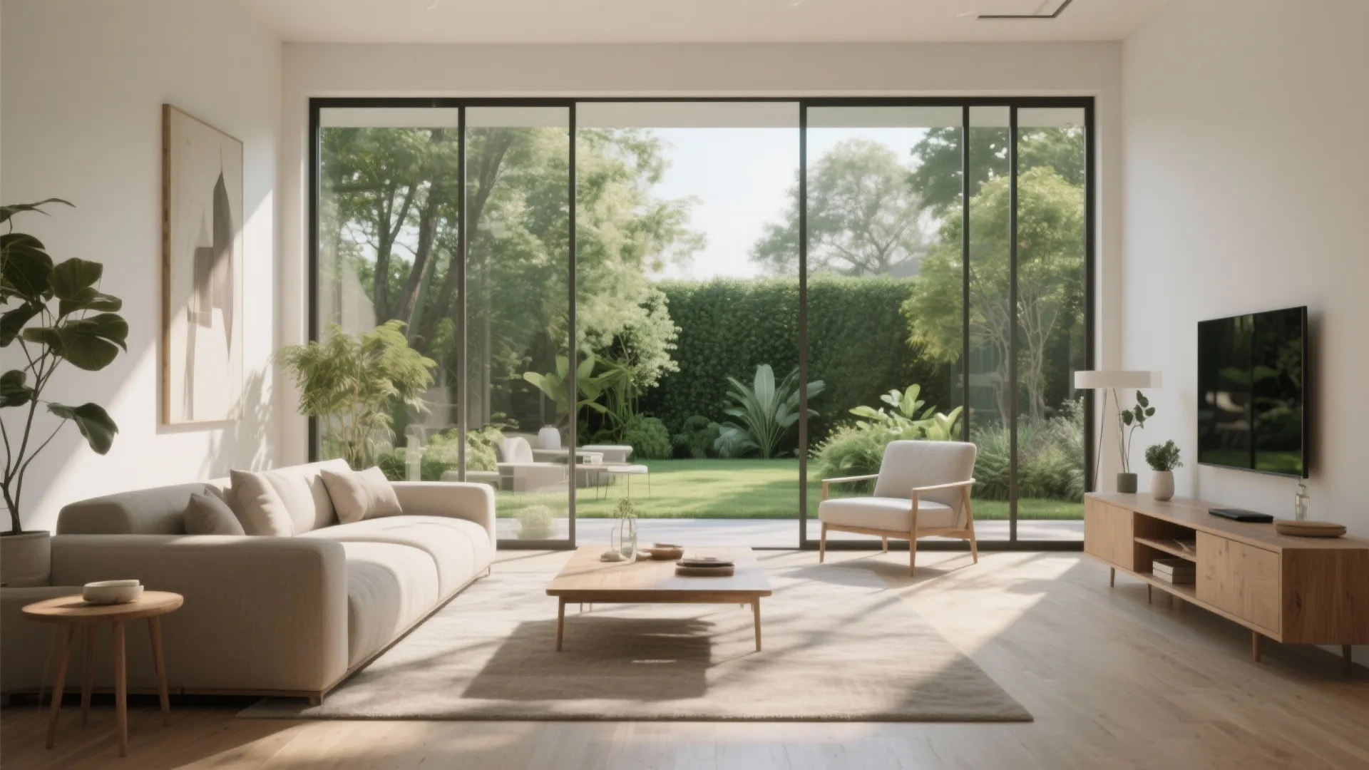 Modern living room with beige sofa and large glass wall showing a green garden view