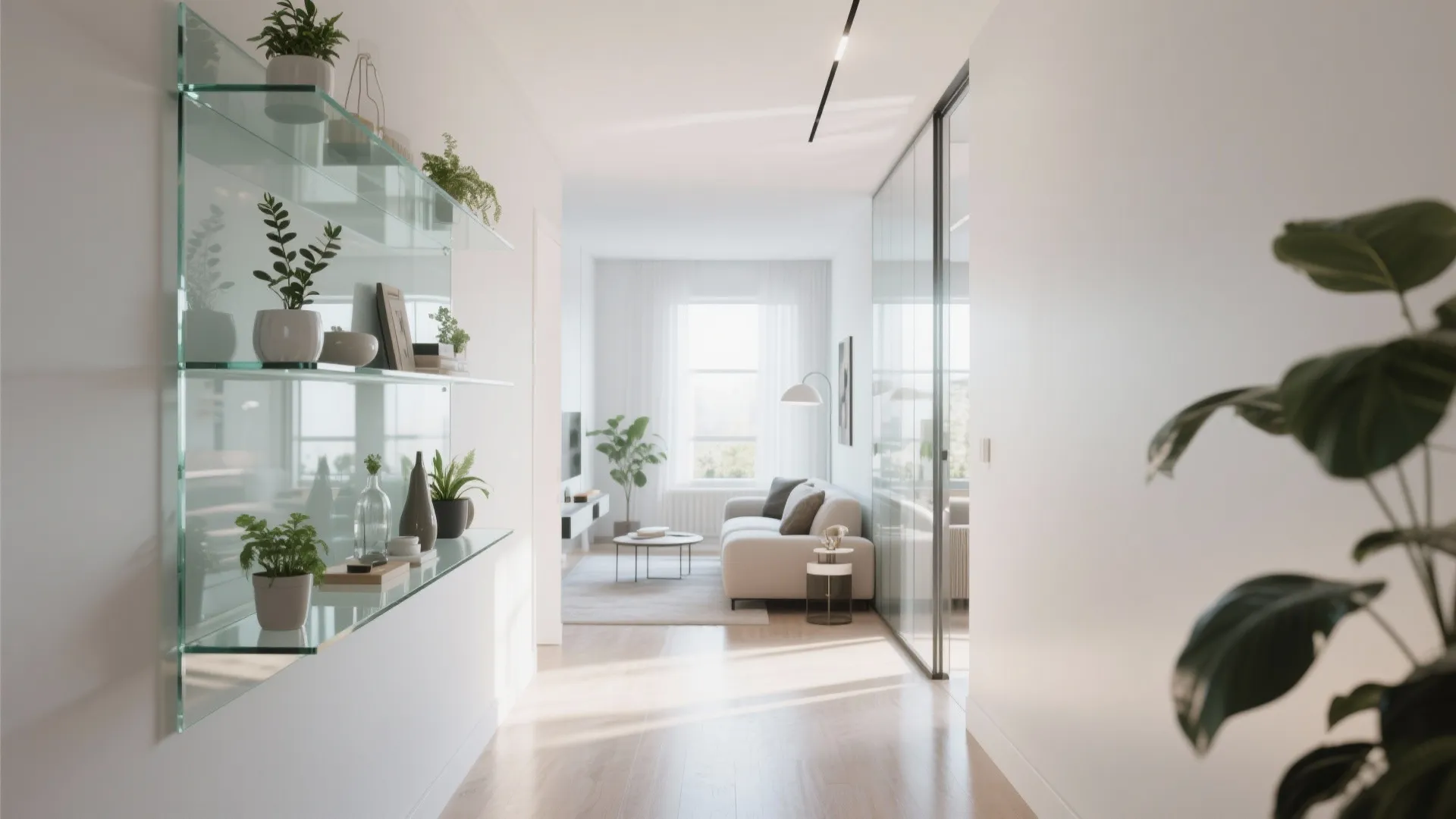 Clear glass shelves displaying plants in a bright living room