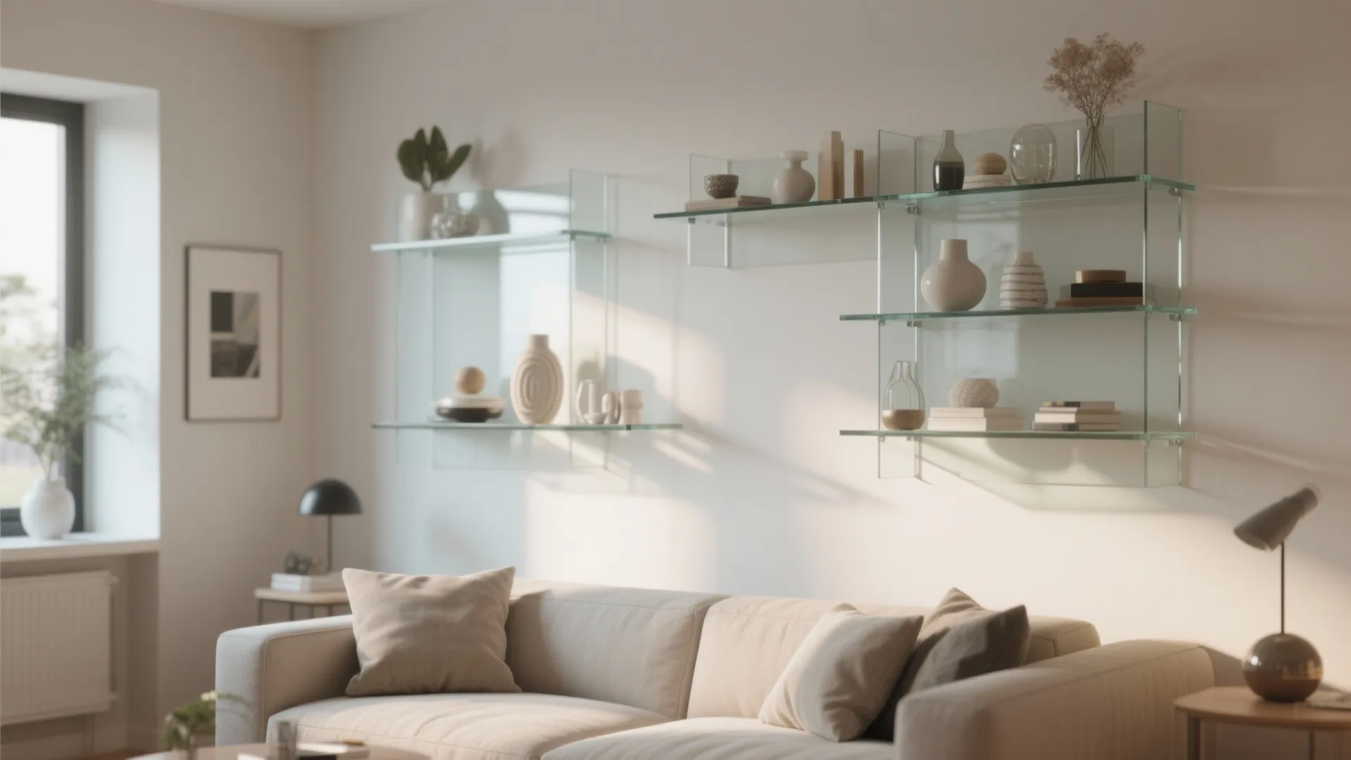 Glass wall shelves in a modern living room creating an airy feel