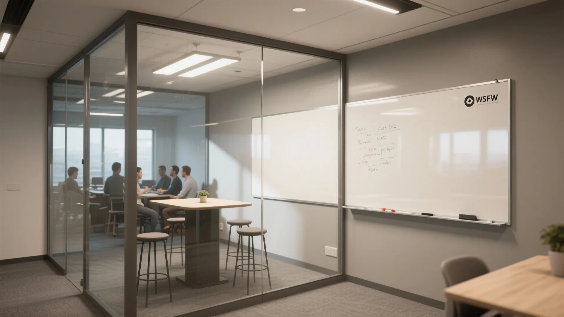 Modern office glass meeting room with table and stools next to white board on wall