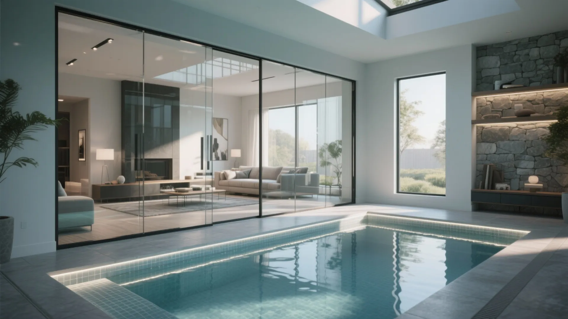 Modern indoor pool area with glass walls looking into a living room with grey sofa