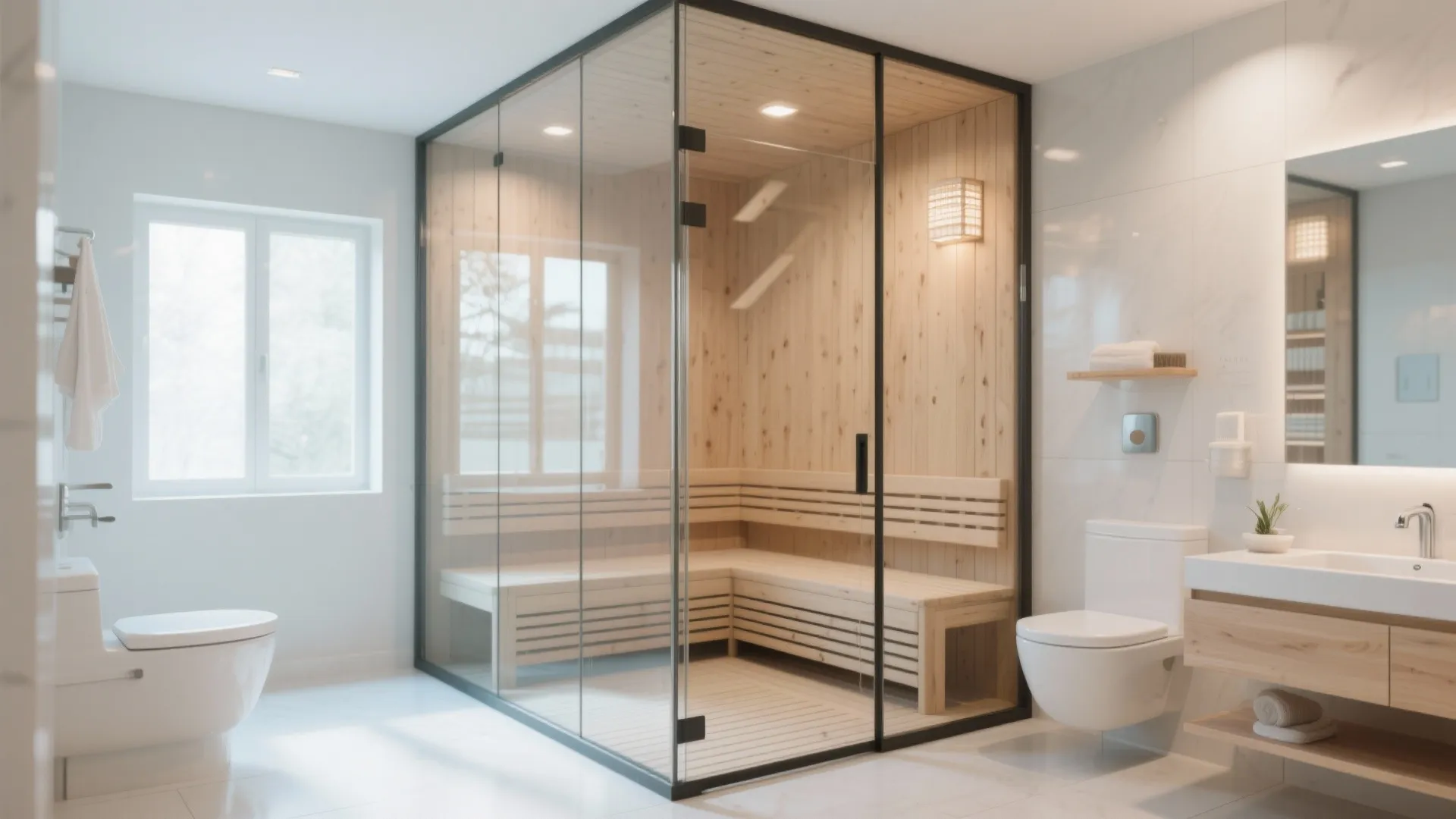 Glass-walled compact sauna in a bright bathroom