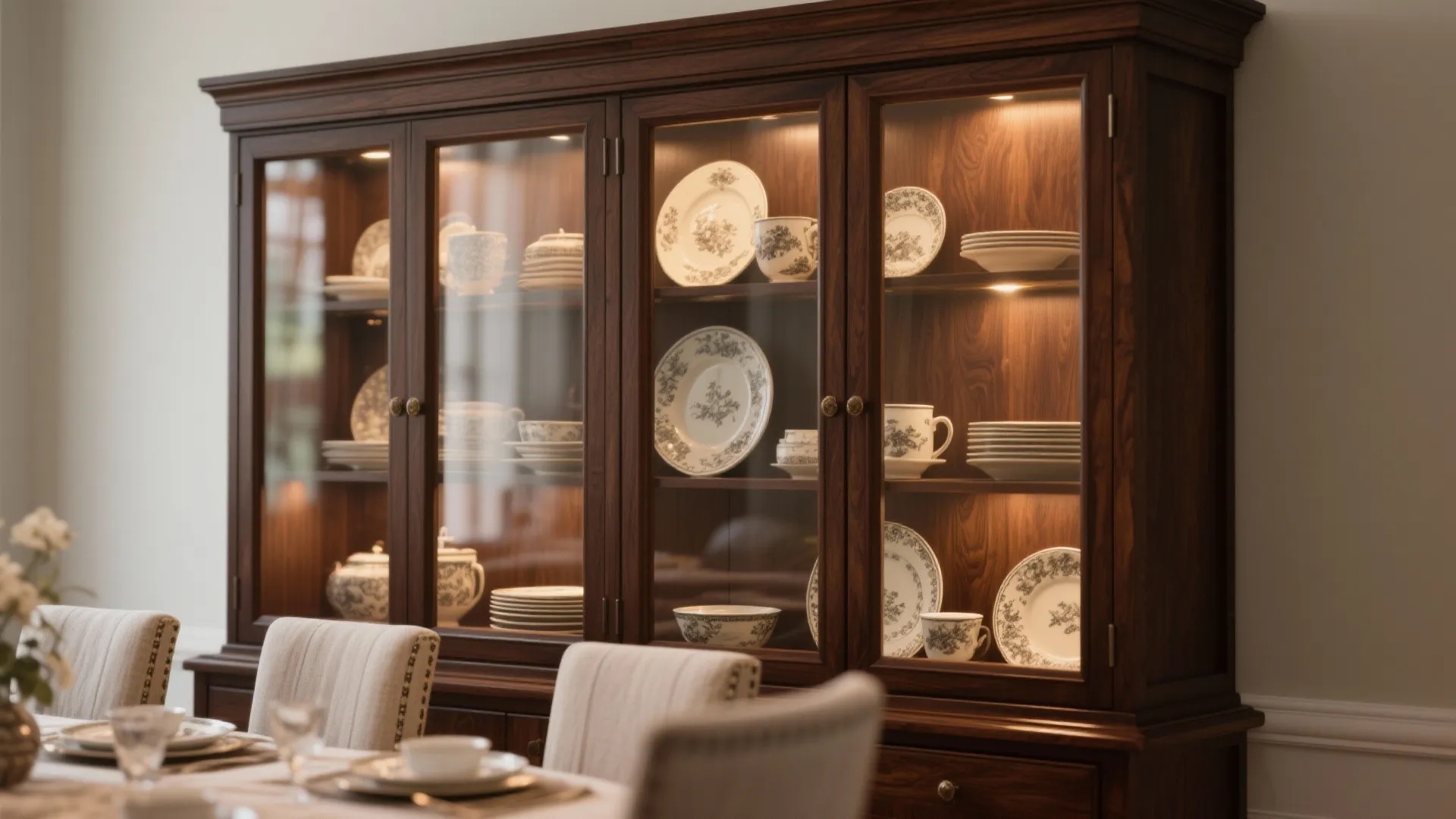 Large dark wood cabinet with glass doors interior lights and many white plates cups bowls