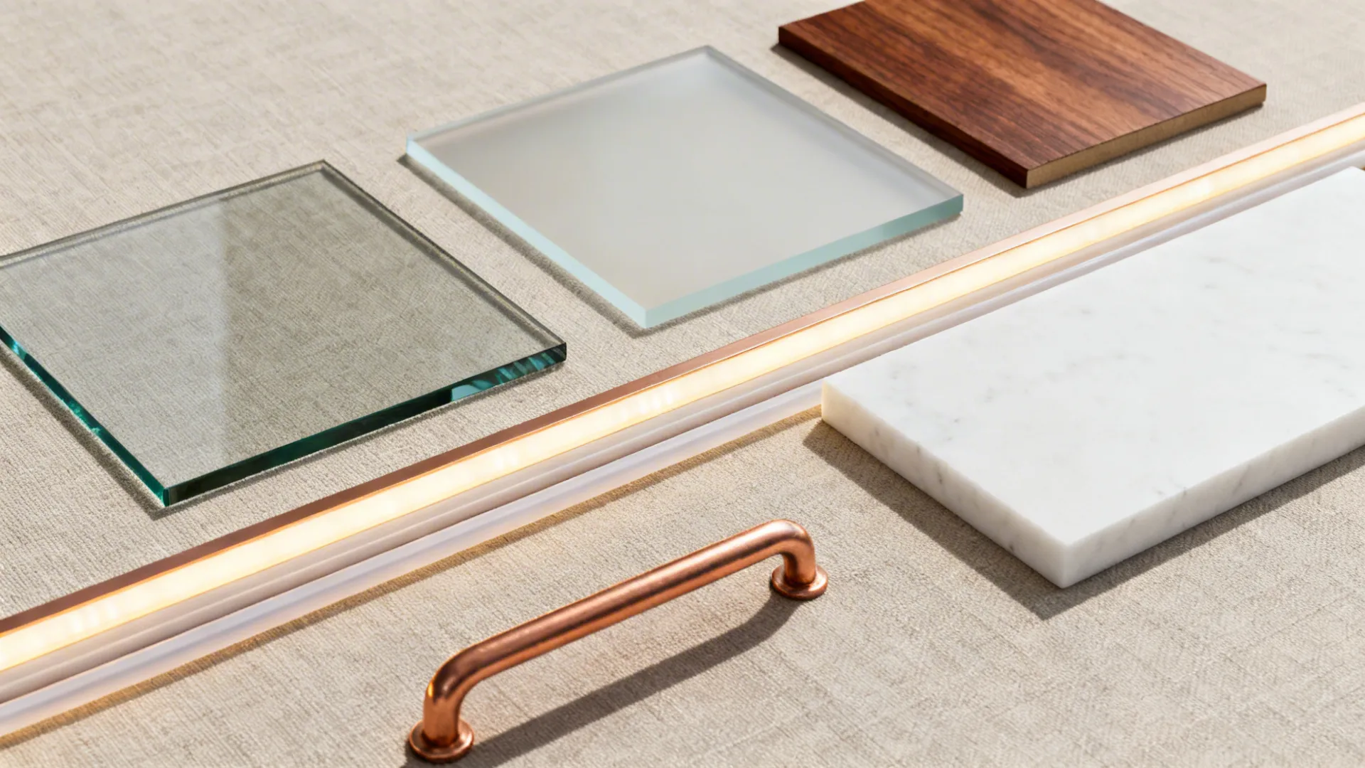 Top-down material board with low-iron and frosted glass, walnut, white quartz, and copper handle.