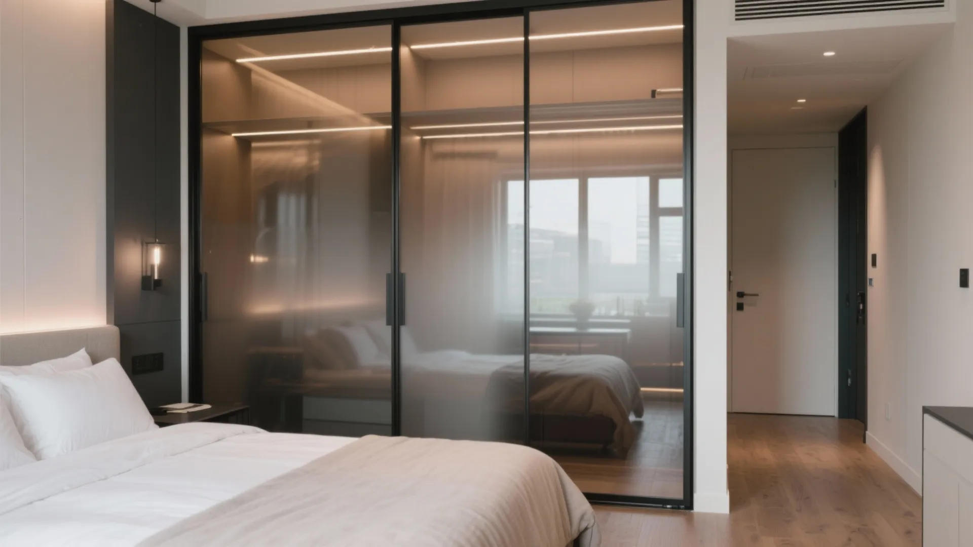 Bedroom interior showing frosted glass sliding door wardrobe with light strips next to white bed
