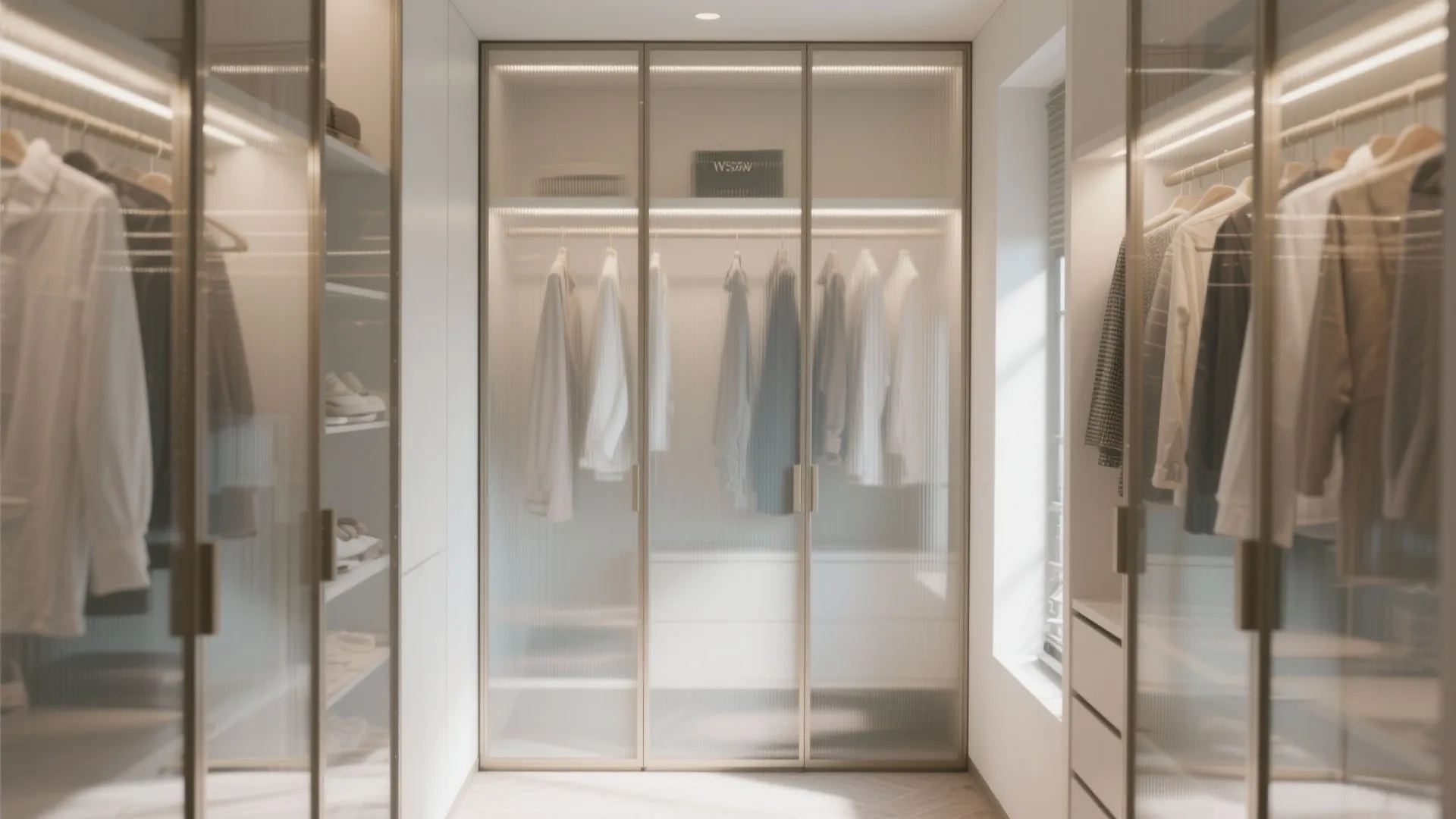 Minimalist white closet with frosted glass doors showing hanging shirts and organized shelves with warm lighting