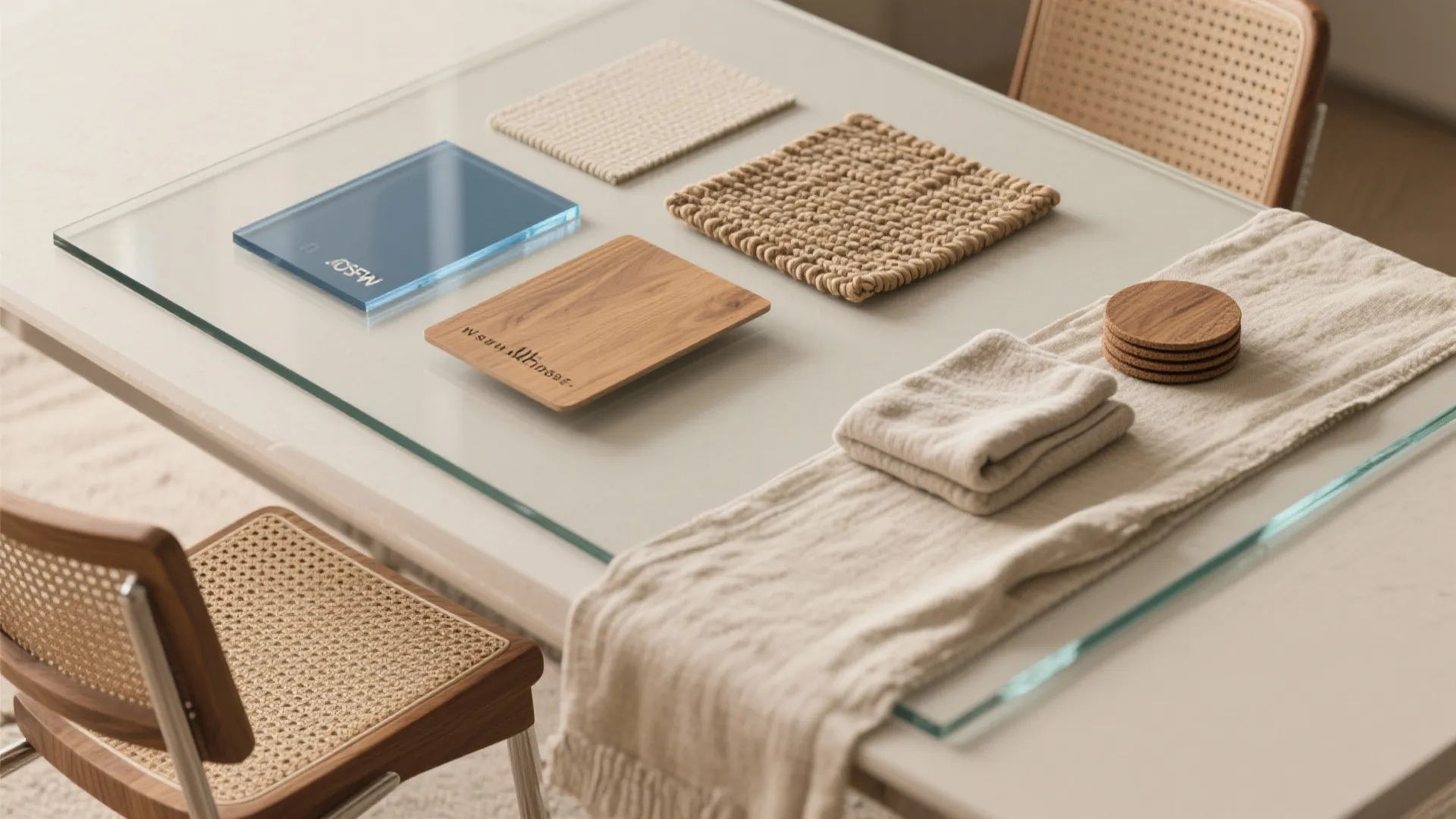 Flatlay of glass tabletop sample with woven rug, wood chair sample and linen runner showing warm textures