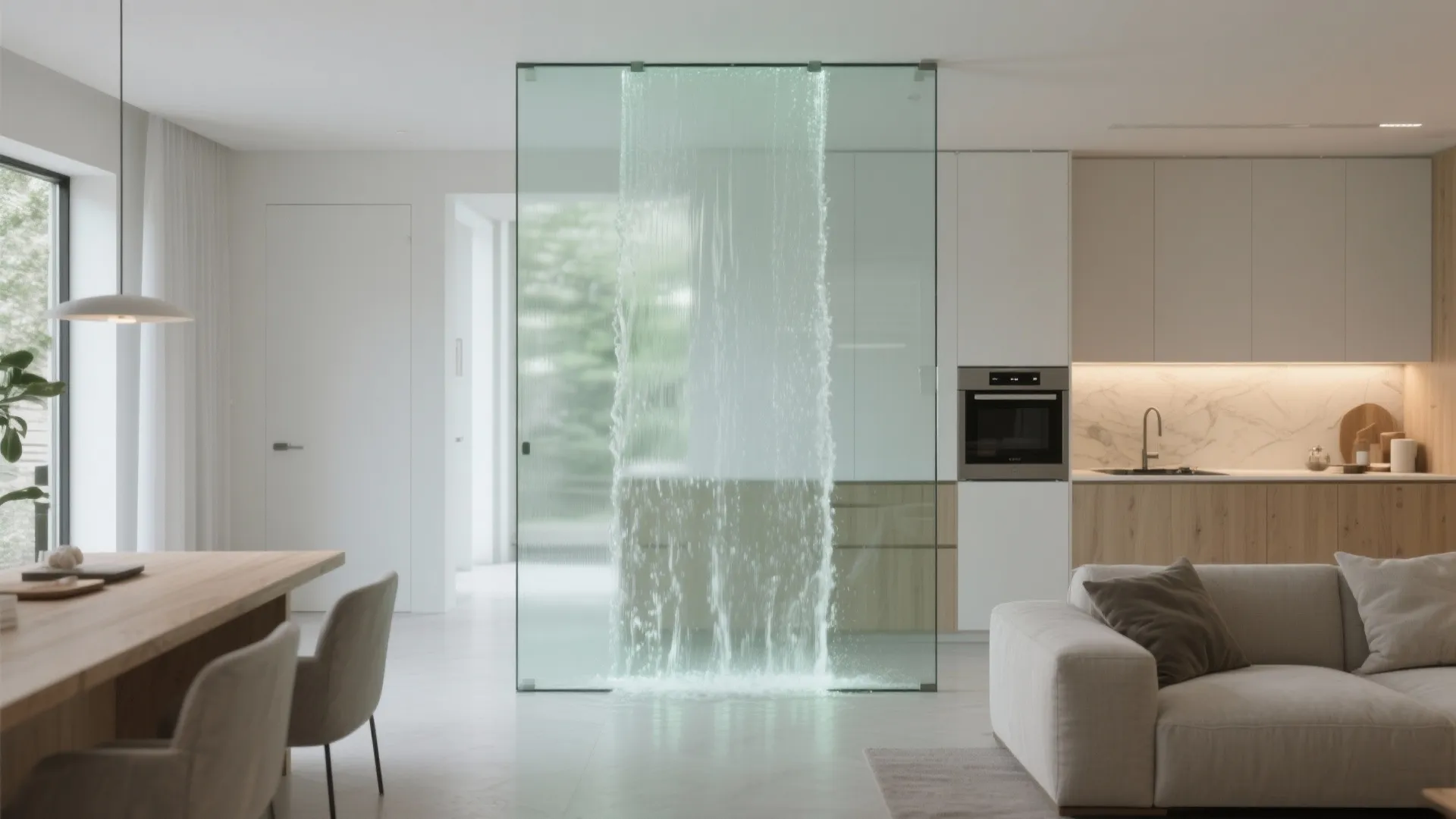 Clear Glass-Backed Water Wall for Light