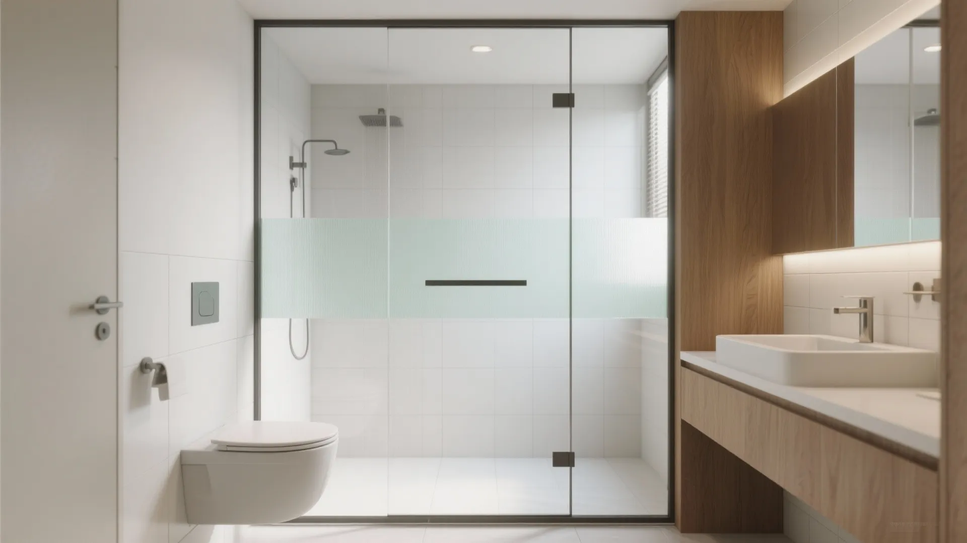 Minimalist bathroom design with glass shower door wall hung toilet wooden vanity and bright white tiles